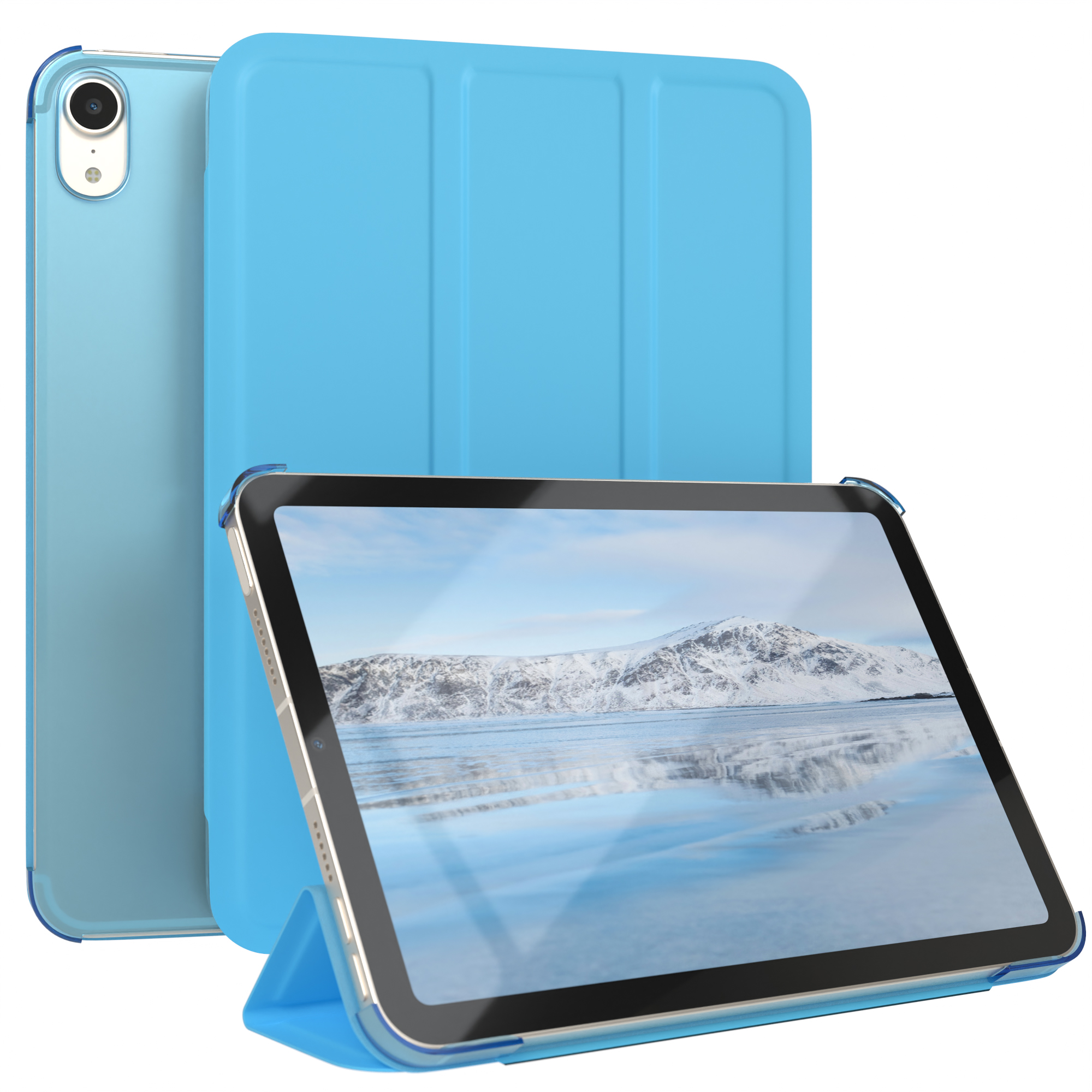 Blaues Tablet mit Hülle, im Hochformat angezeigt, auf weißem Hintergrund.