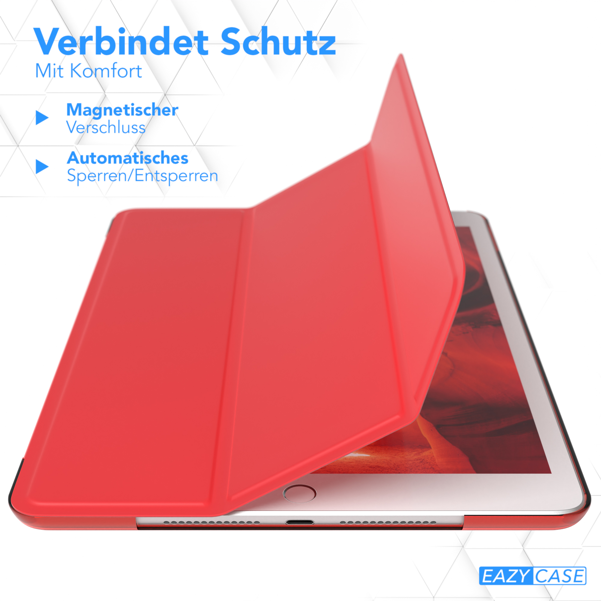 Rote Tablethülle offen. Tablet-Bildschirm sichtbar. Weißer Hintergrund.