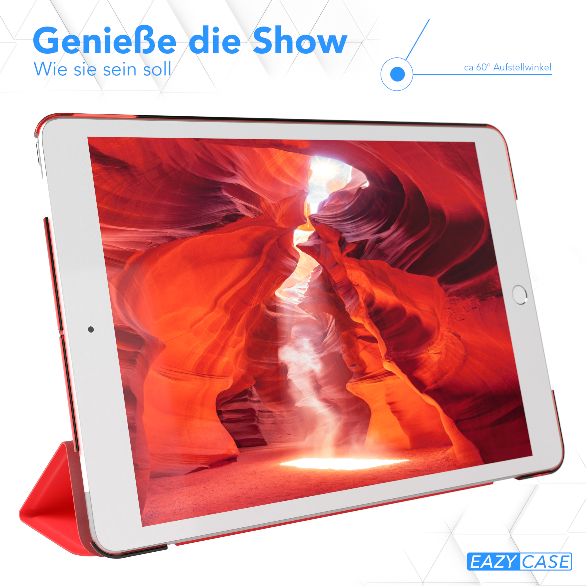 Tablet zeigt eine rote Schluchtszene, unterstützt von einem roten Gehäuse. Text: Genieße die Show.