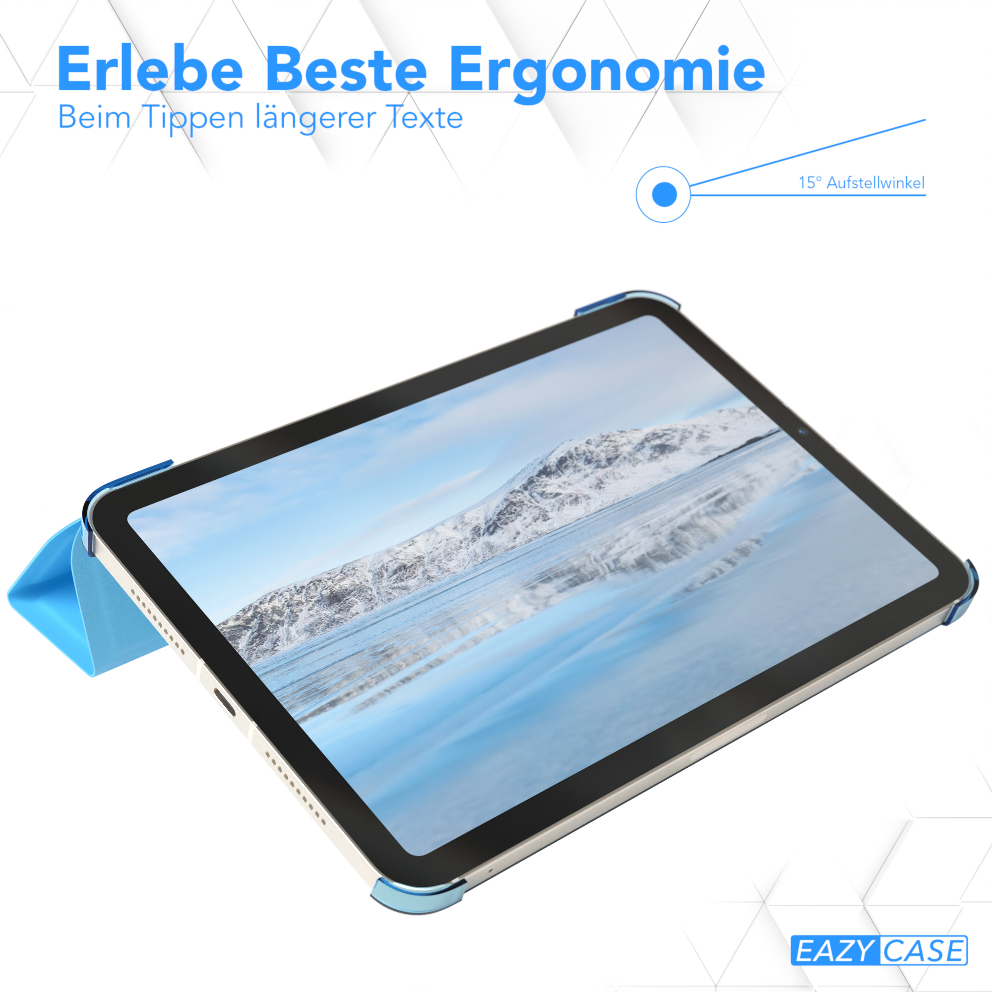 Tablet mit blauer Hülle, schräg gestellt. Text oben: 'Erlebe Beste Ergonomie.' Die Marke ist EAZY CASE.
