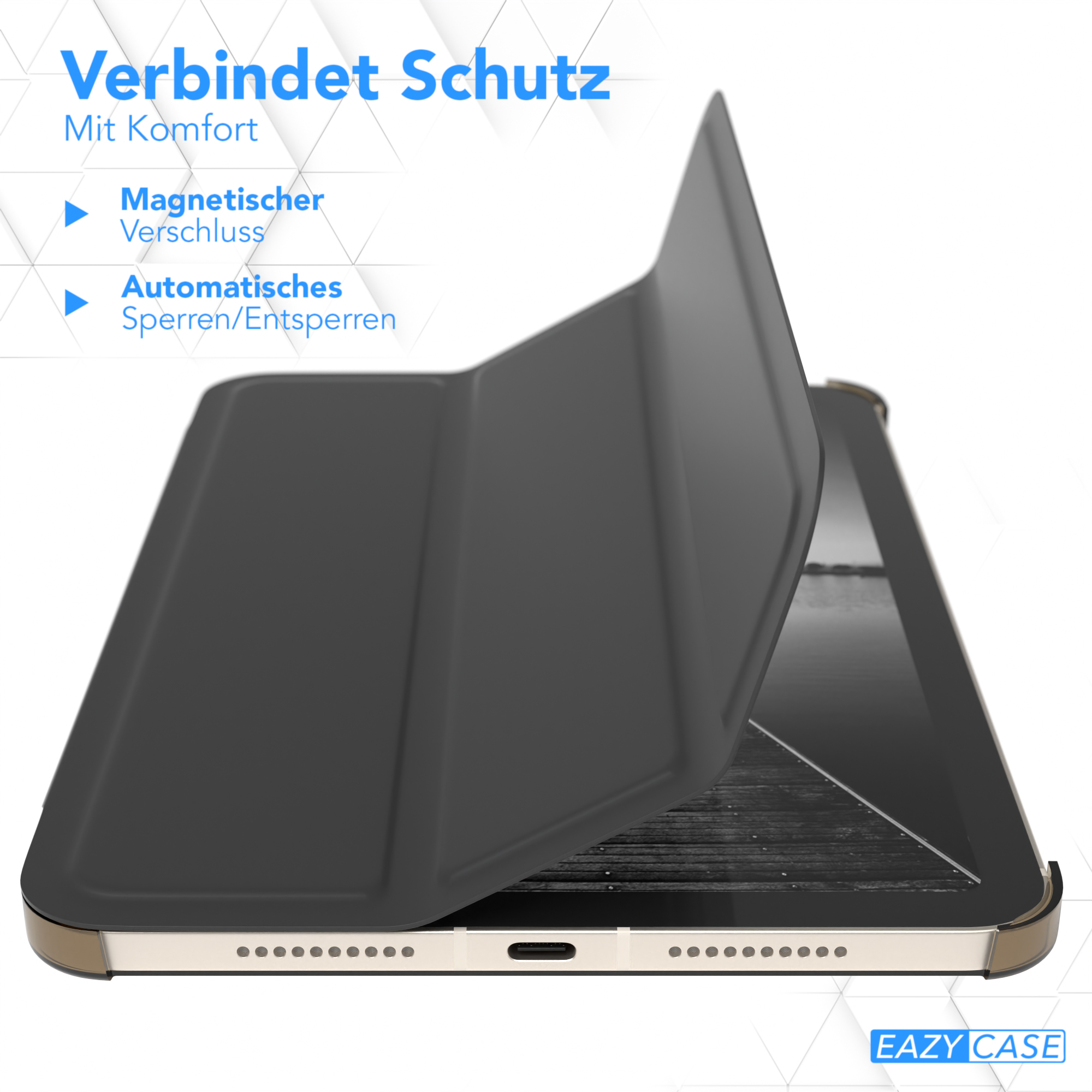 Schwarze Tablethülle mit geöffneter Abdeckung. Der Tablet-Bildschirm ist sichtbar. EAZY CASE ist zu sehen.