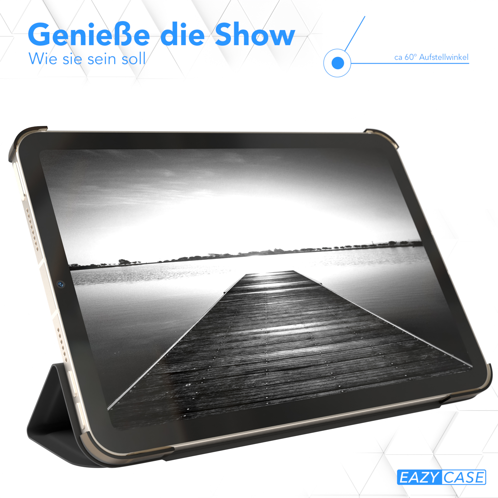Tablet auf einem Ständer, das ein Landschaftsbild zeigt, mit schwarzem Gehäuse.