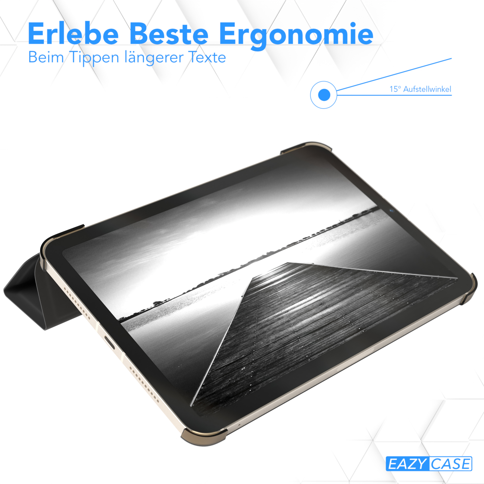 Ein Tablet mit Hülle, angewinkelt, mit Bildschirm und einem 15-Grad-Winkel-Symbol, mit Text.