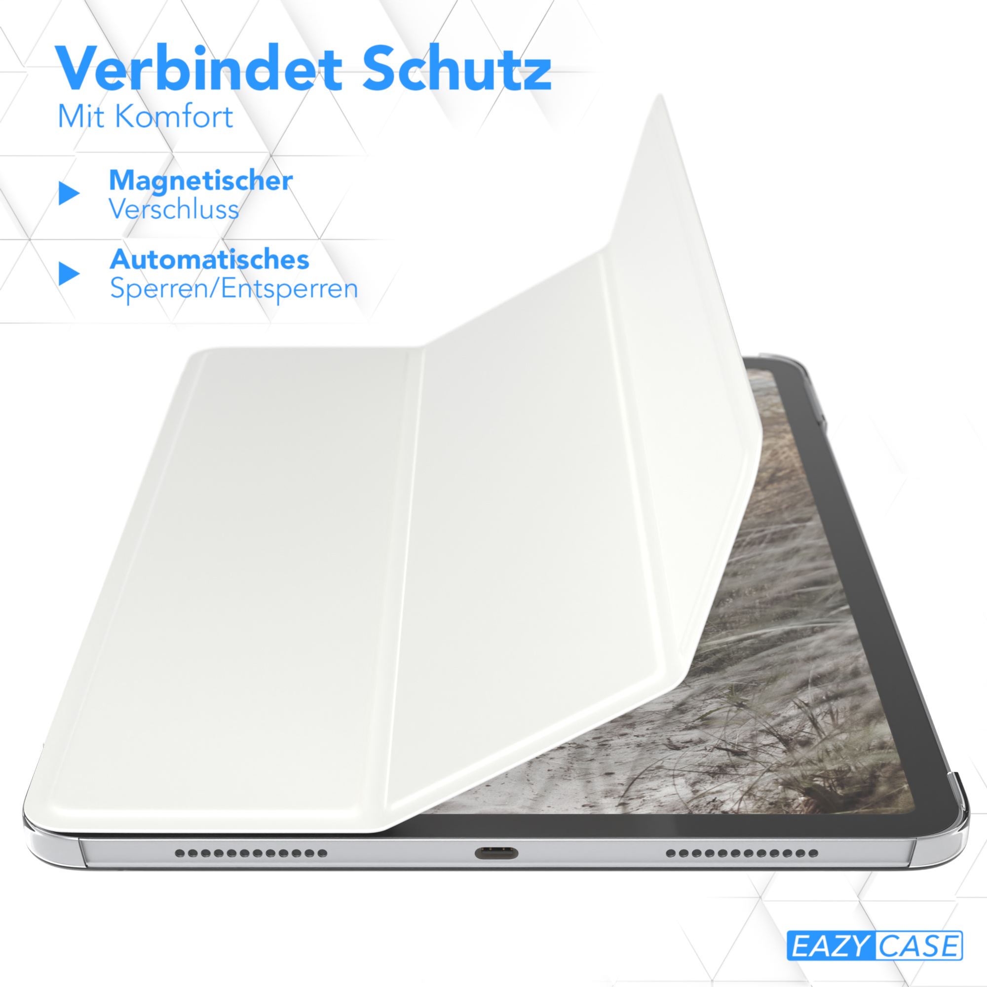 Eine weiße Tablethülle mit teilweise geöffneter Abdeckung, die das Tablet zeigt. Text sagt 'Verbindet Schutz' und 'EAZY CASE'.