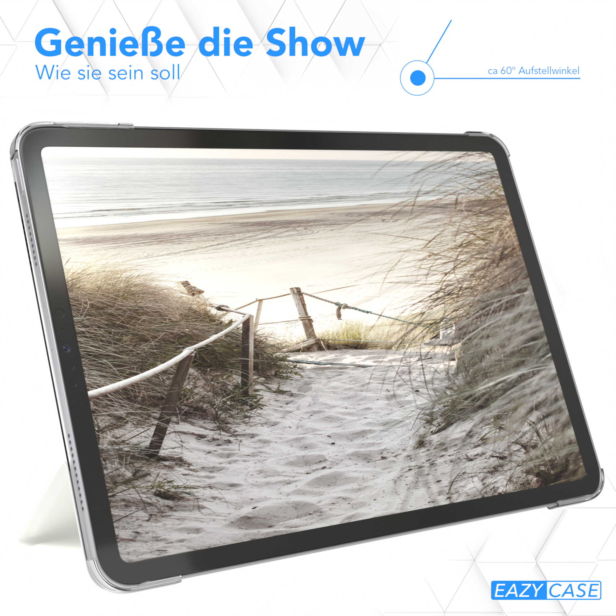 Ein Tablet, das eine Strandszene mit einem Weg und einem Holzzaun anzeigt.