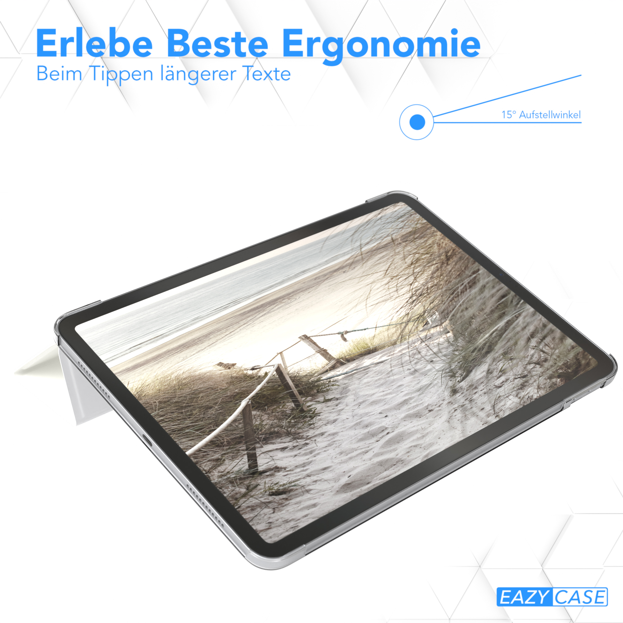 Ein Tablet in einem Gehäuse, aufgestellt. Eine Strandszene ist auf dem Bildschirm. Text erwähnt Ergonomie beim Tippen.