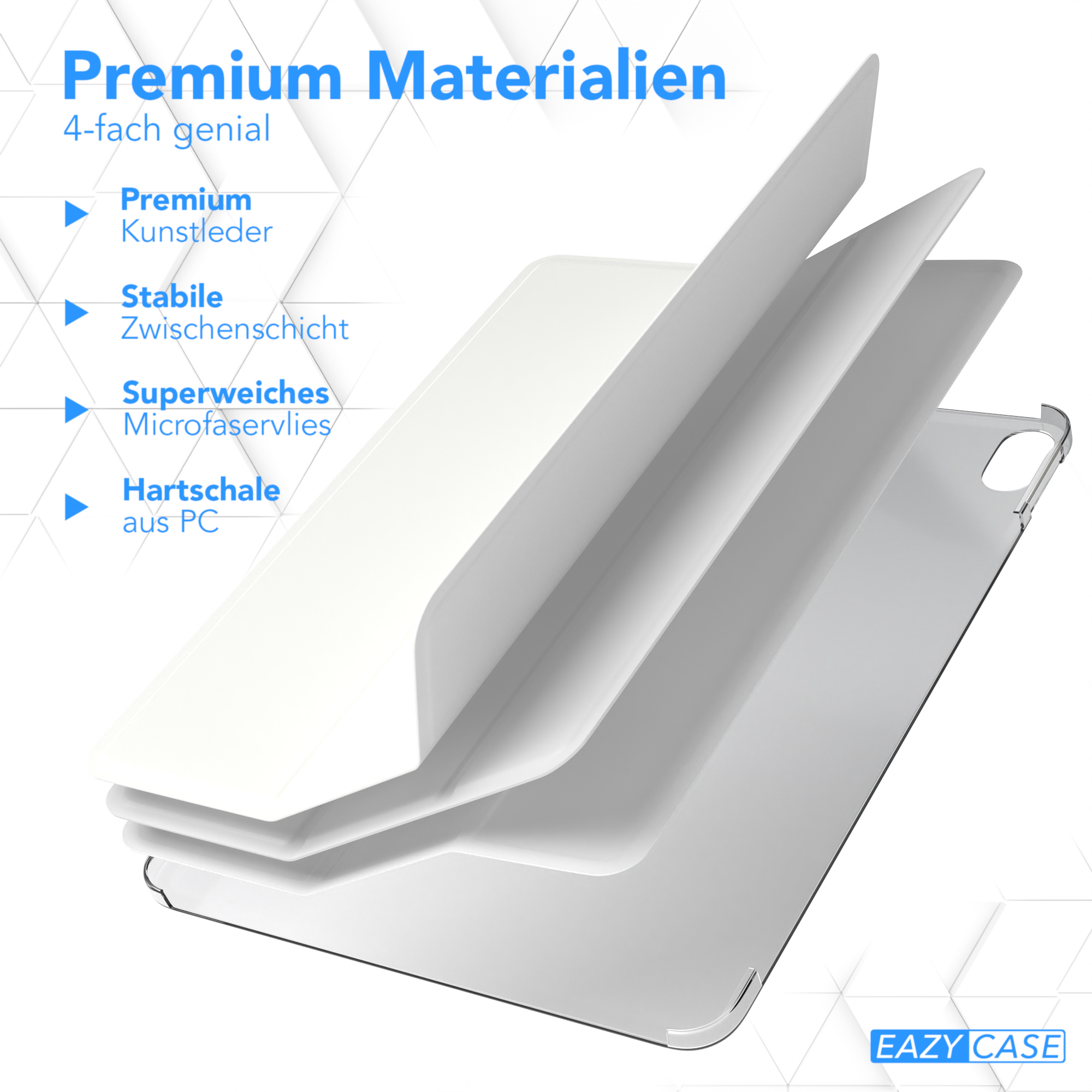 Diagramm eines Tablet-Case, das Schichten zeigt: Leder, Schaumstoff, Mikrofaser, Hartschale.