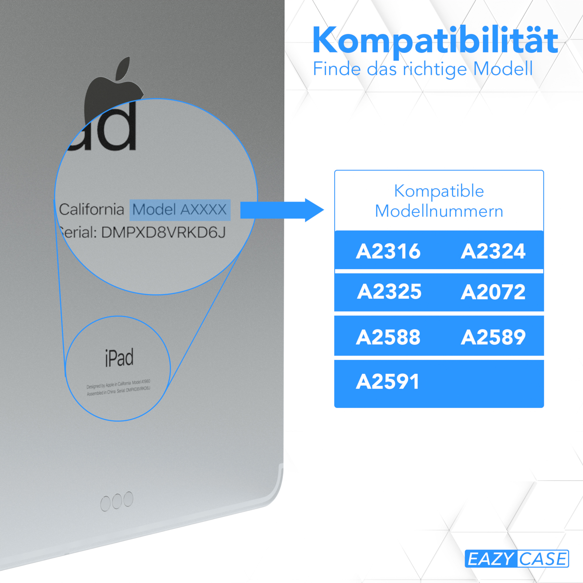 Nahaufnahme eines iPads mit kompatiblen Modellnummern, EAZY CASE Logo vorhanden.