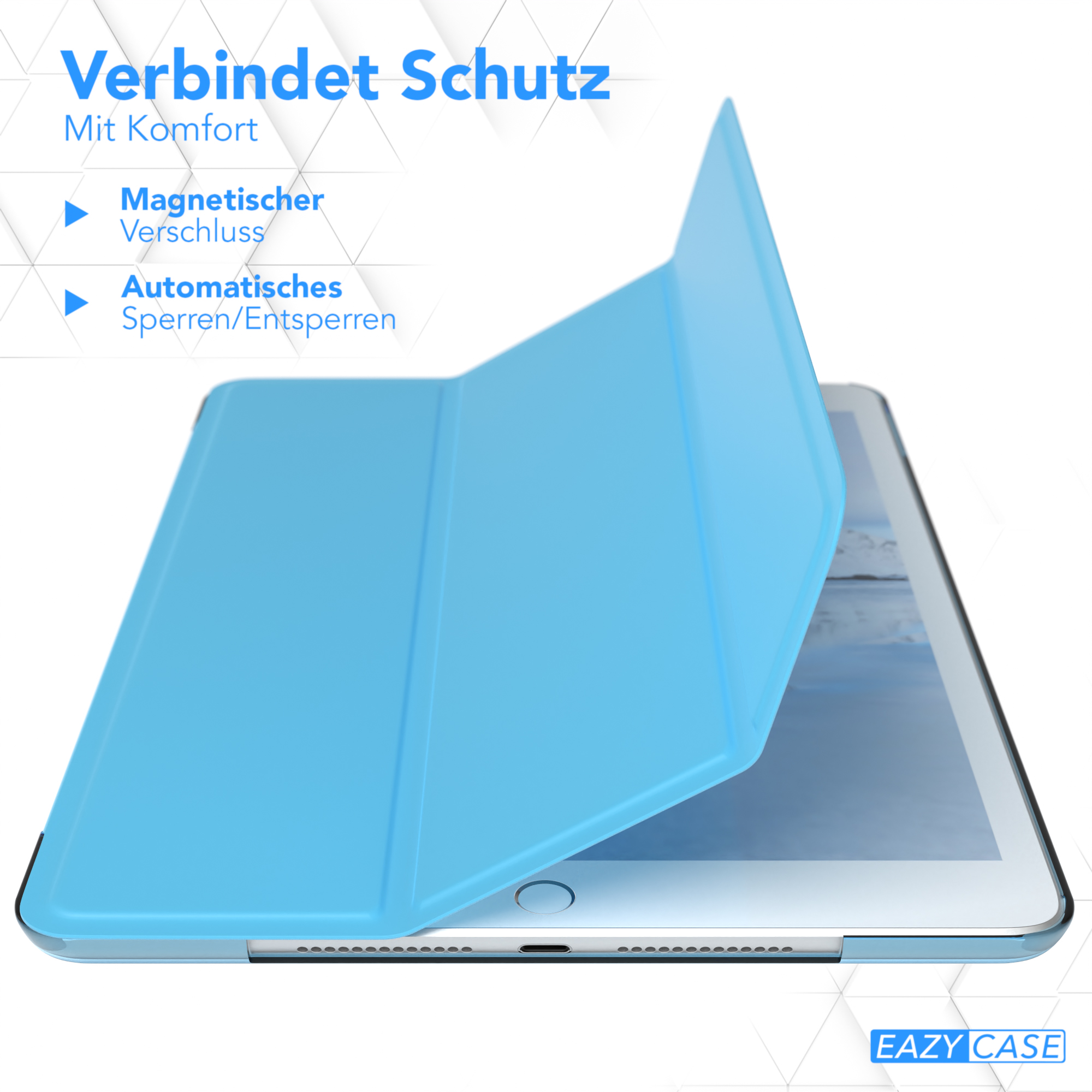 Tablet mit blauem Cover, offen. Bildschirm mit weißem Hintergrund sichtbar.