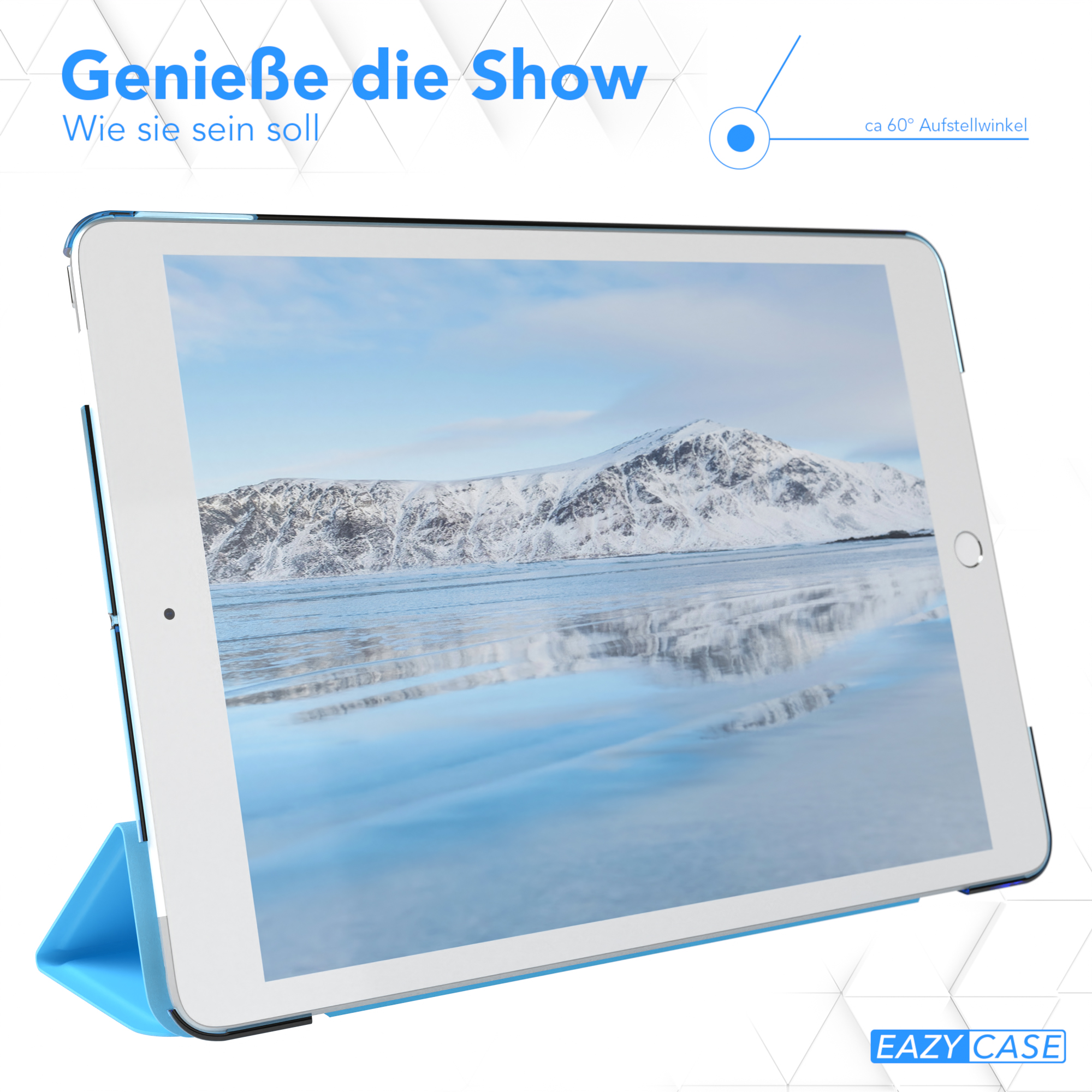 Ein iPad auf einem Ständer, abgewinkelt, um ein Landschaftsbild einer schneebedeckten Berglandschaft anzuzeigen.
