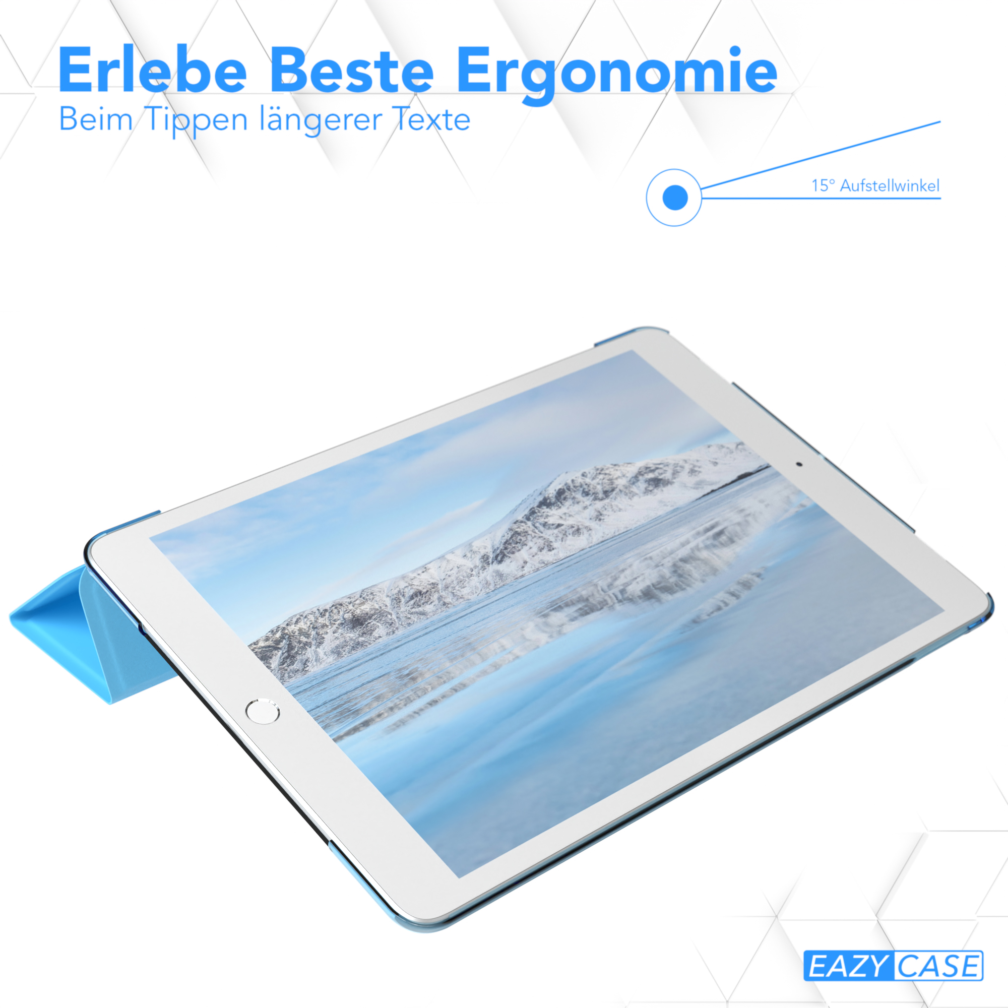 Ein Tablet mit blauer Hülle, angewinkelt, mit Bildschirm und einem 15-Grad-Winkel-Symbol, mit Text.