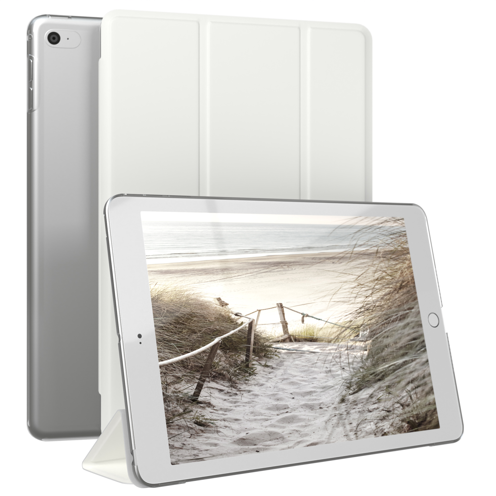 Silbernes iPad, weiße Hülle, mit Strandfoto auf dem Bildschirm. Die Hülle ist offen.