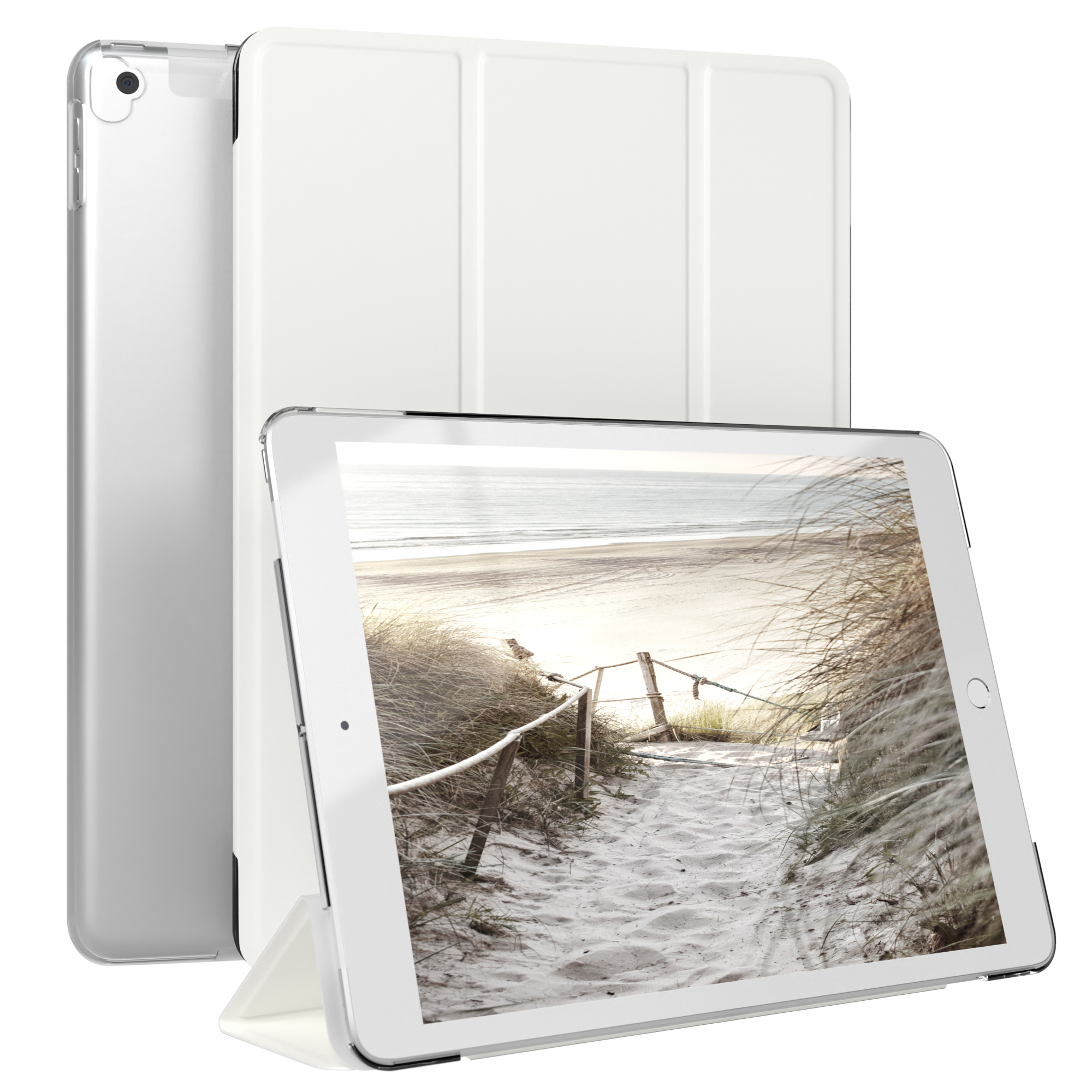Ein weißes iPad mit Hülle, neben der geöffneten Hülle, die ebenfalls weiß ist. Das iPad zeigt Strand.