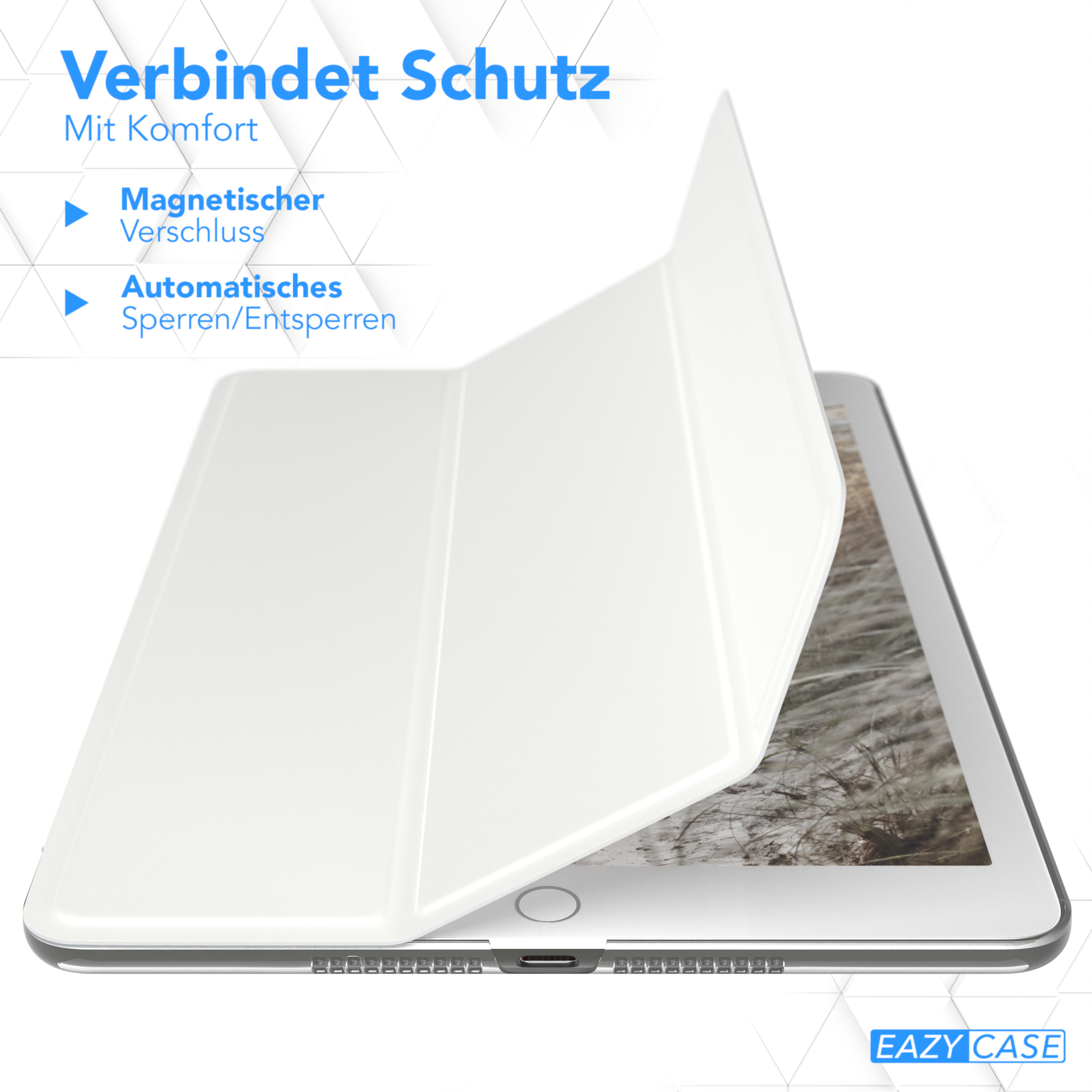 Ein weißes Tablet mit halb geöffneter Hülle, mit Text auf der Hülle und einem Hintergrund eines verschwommenen Bildes.