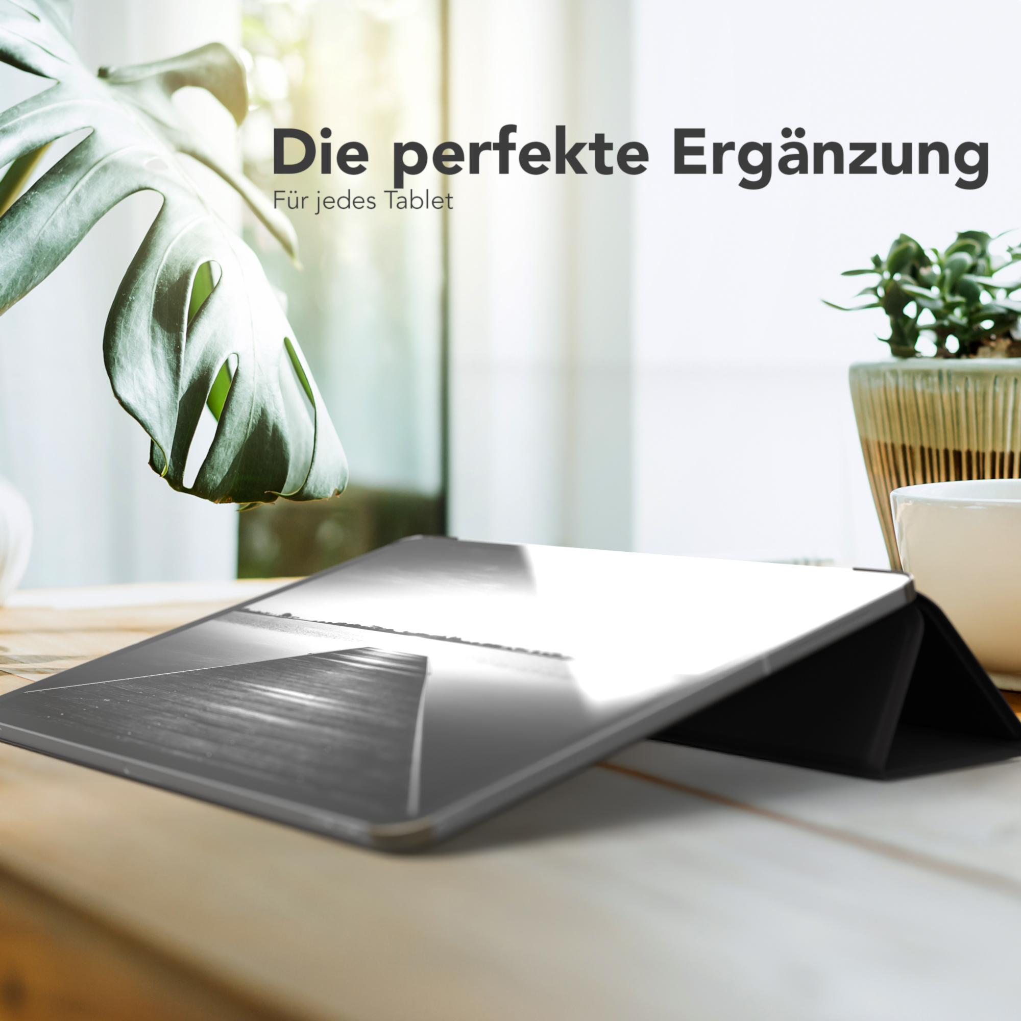 Tablet mit Landschaftsbild auf dem Bildschirm. Text: Die perfekte Ergänzung für jedes Tablet.