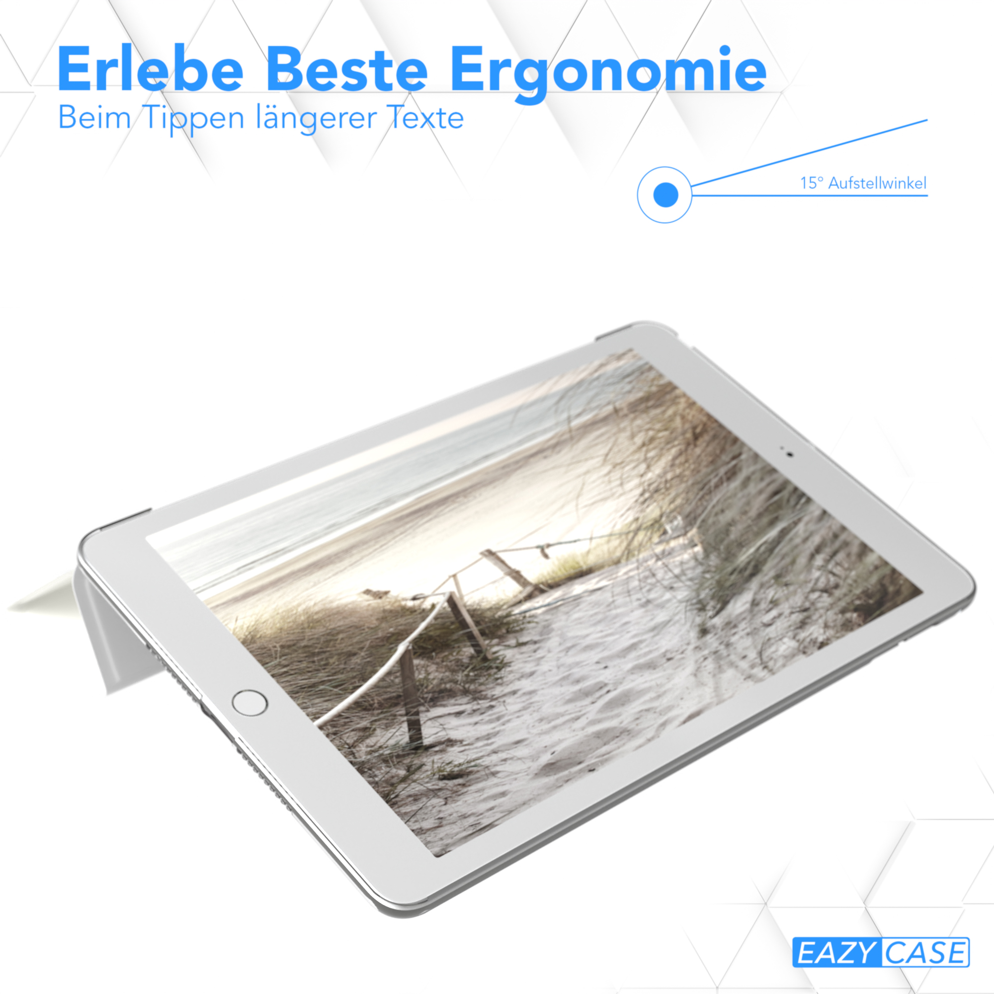 Weißes Tablet mit einer Strandszene auf dem Bildschirm. Text: Beste Ergonomie, für das Tippen längerer Texte. EAZY CASE Logo.