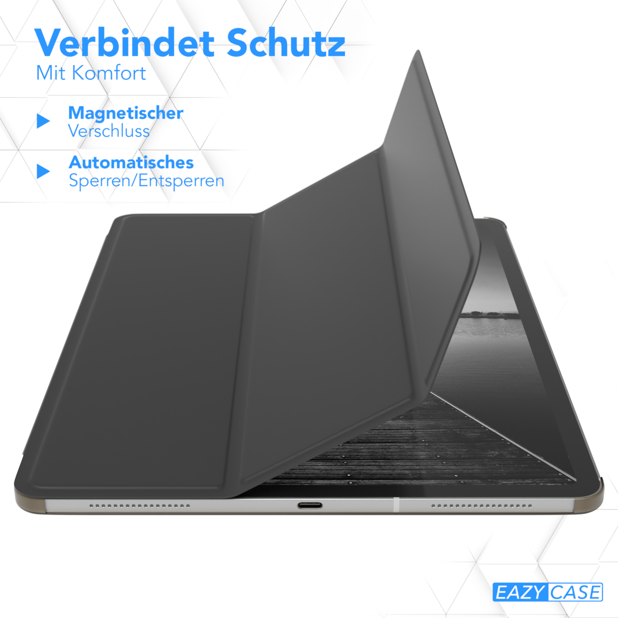Eine schwarze iPad-Hülle, geöffnet, um den Bildschirm freizugeben. Text auf der Hülle weist auf einen Magnetverschluss und automatisches Öffnen/Schließen hin.