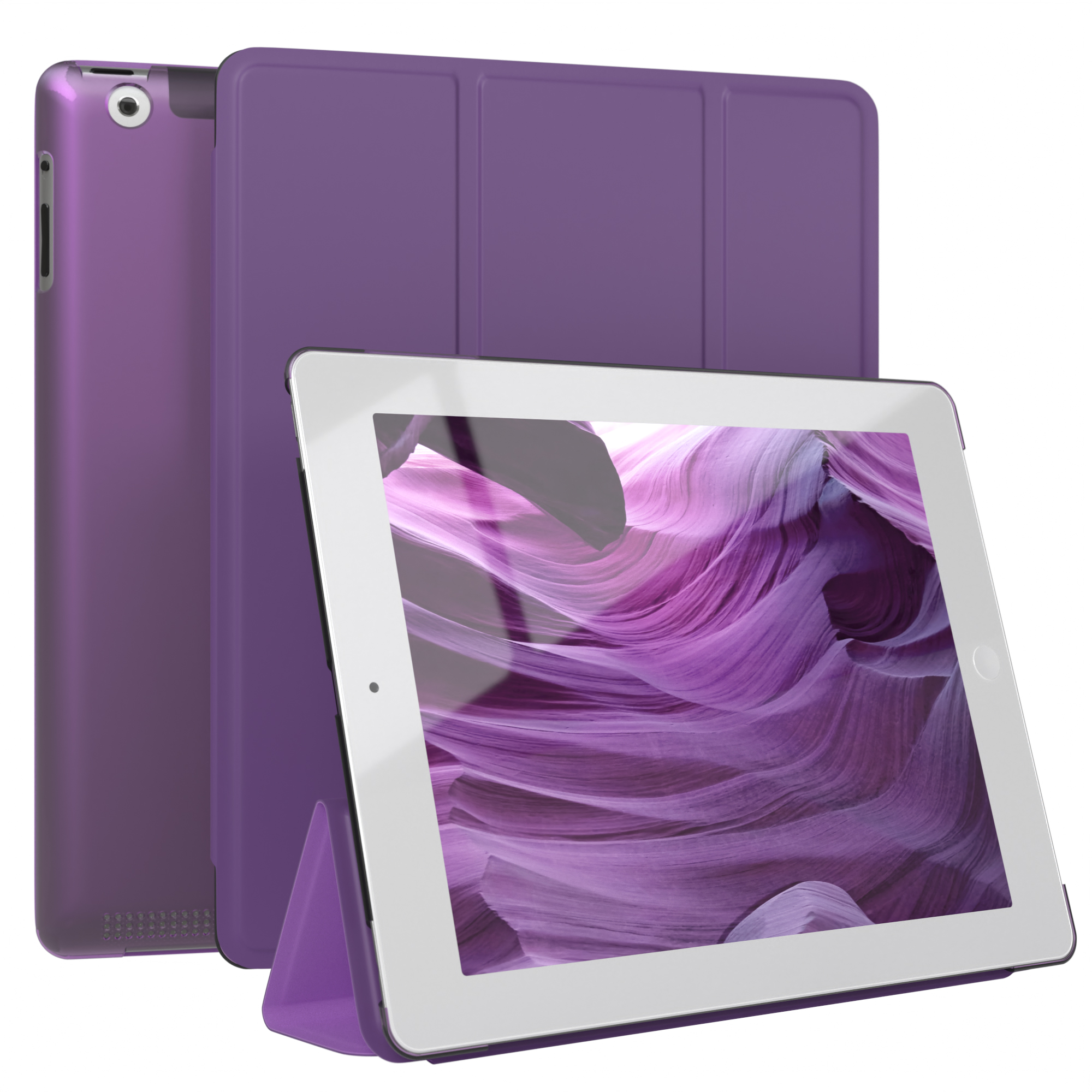 Lila iPad mit Hülle. Der Bildschirm zeigt eine lila und rosa Landschaft.