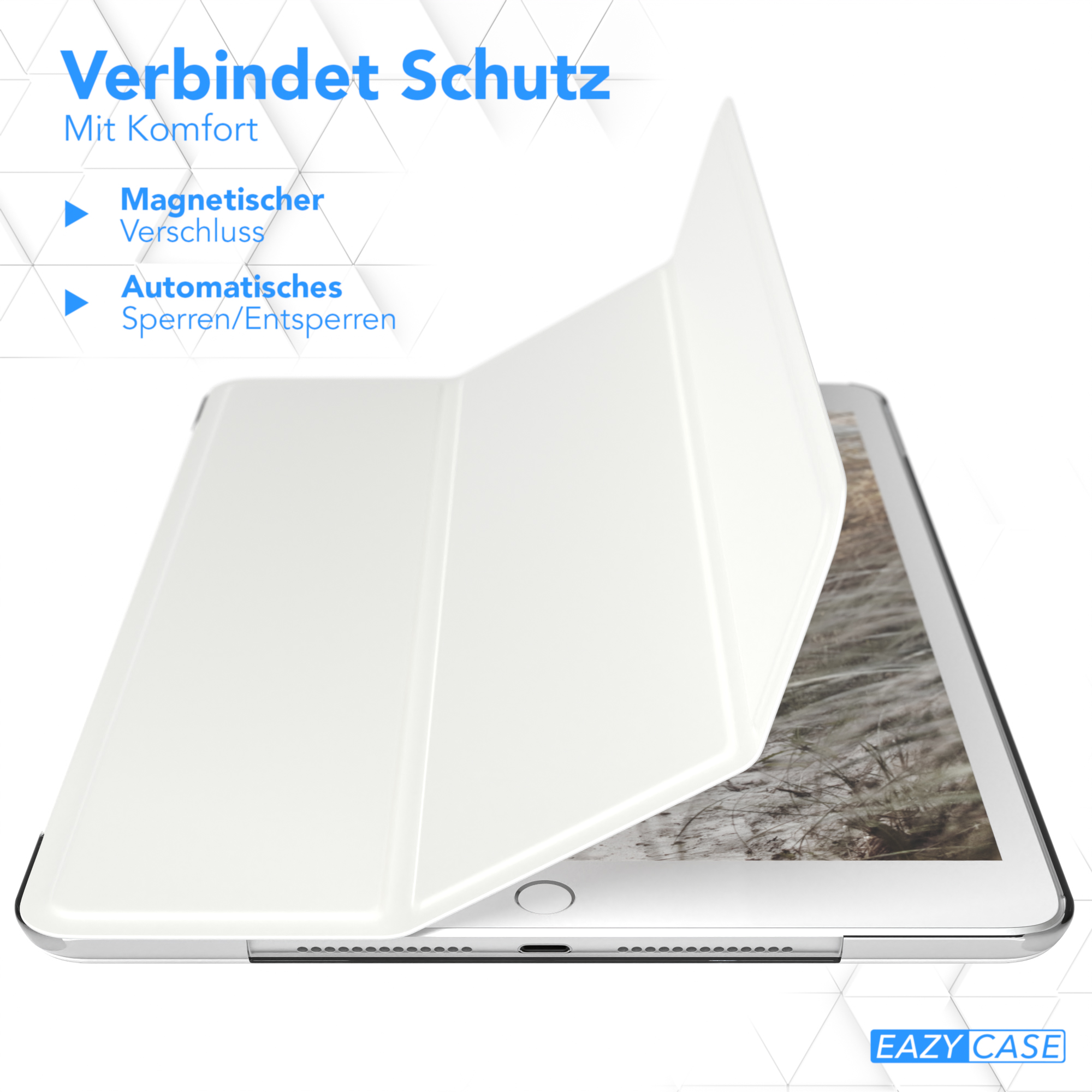 Eine weiße Tablethülle mit Magnetverschluss. Die Hülle ist geöffnet und zeigt das Tablet im Inneren.