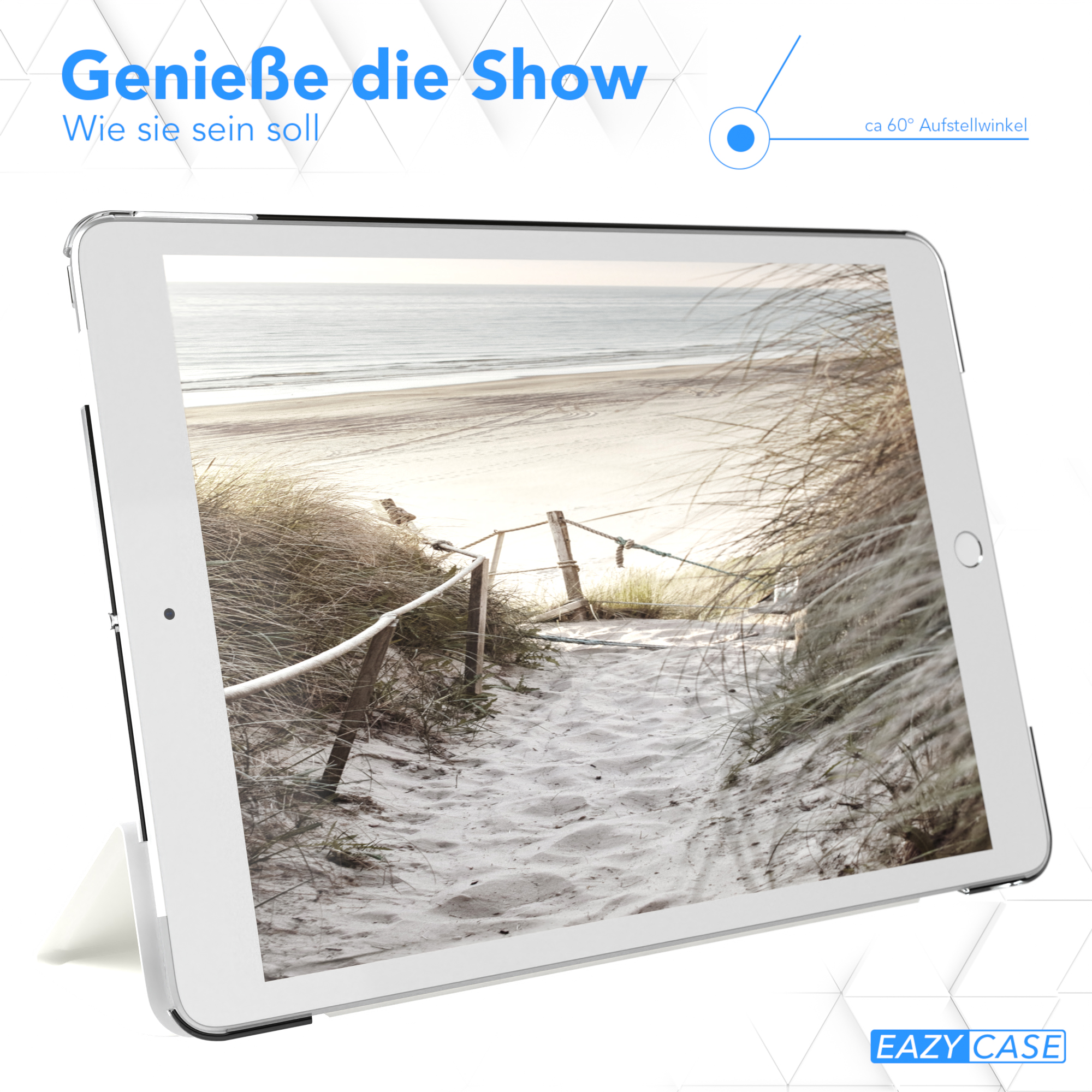 Tablet, das eine Strandszene anzeigt. Das Tablet steht auf einem Ständer und zeigt den Bildschirm in einem Winkel.