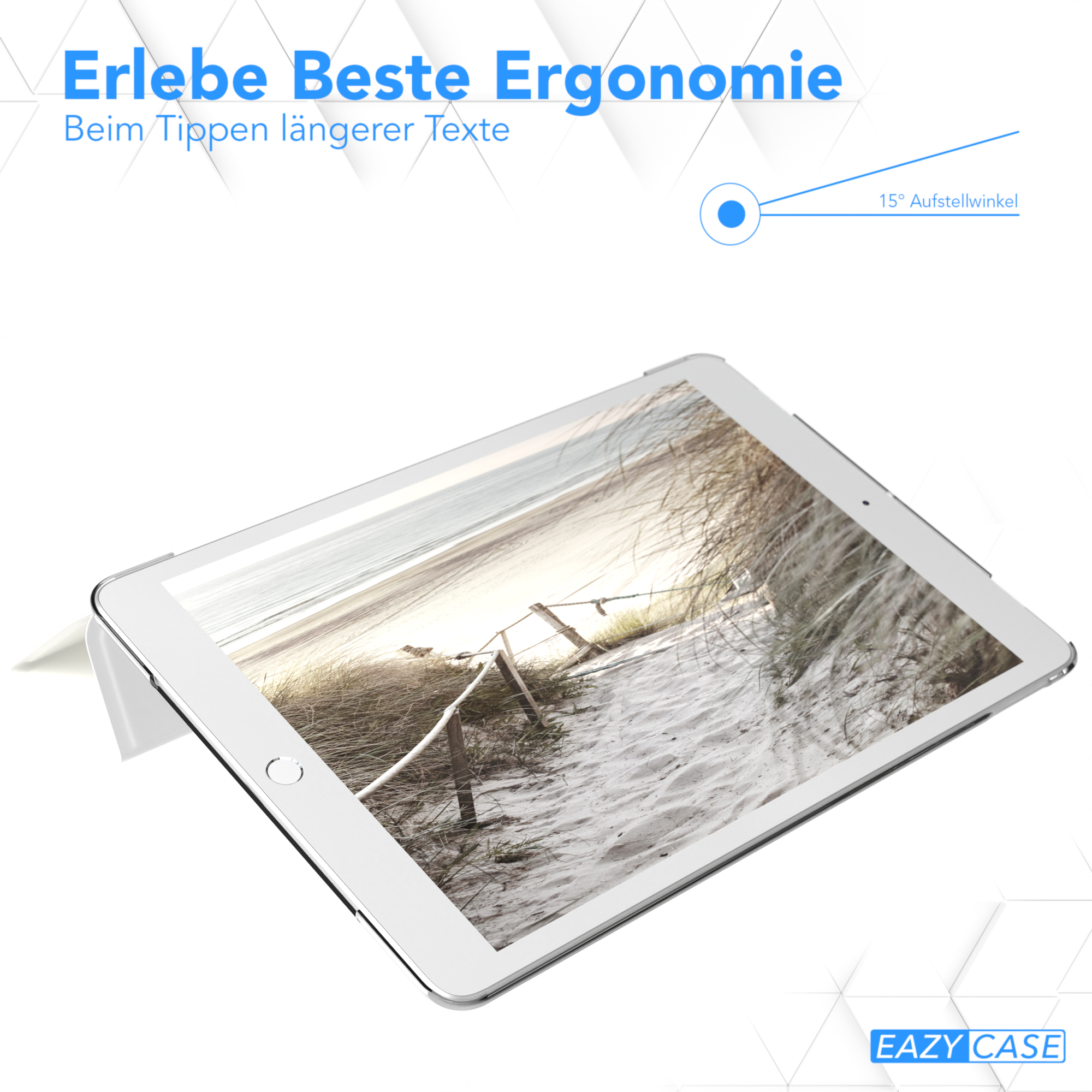 Tablet auf weißem Ständer, Bildschirm zeigt Strandszene, Text oben.