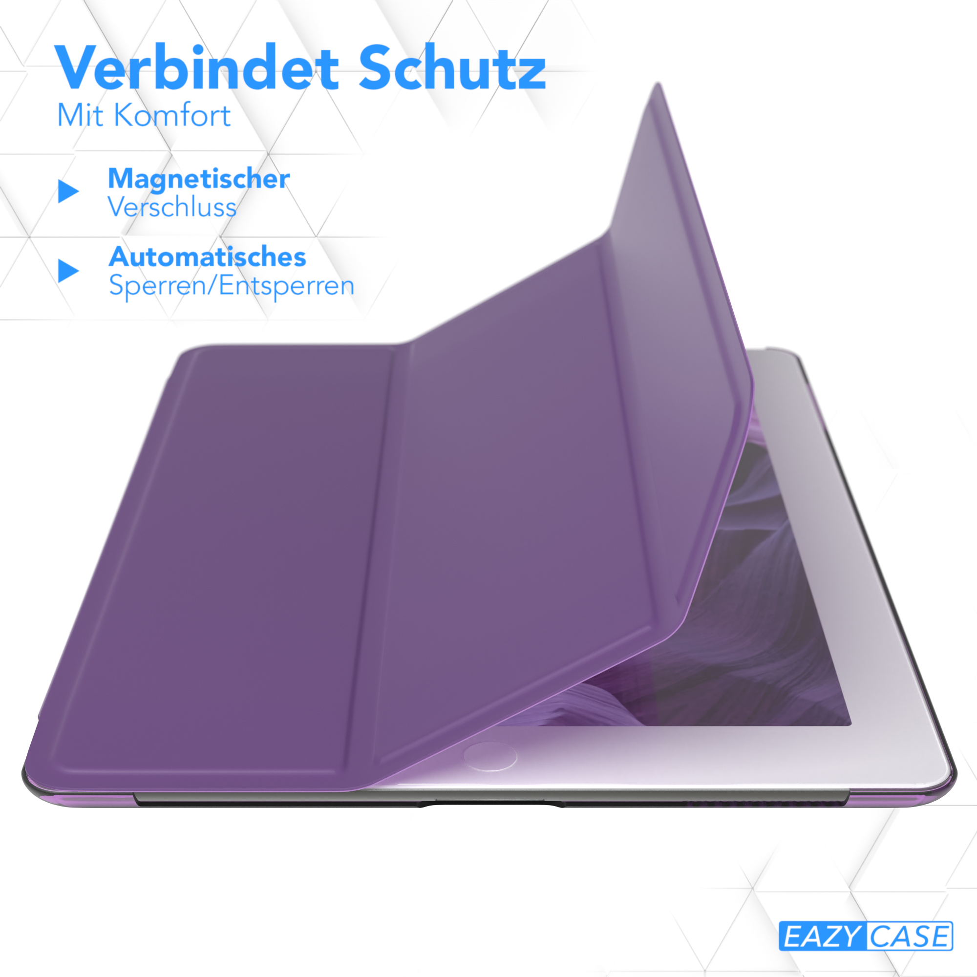 Lila Tablet-Hülle offen, über einem Tablet. Text: Verbindet Schutz, Magnetverschluss, automatische Ver-/Entriegelung.