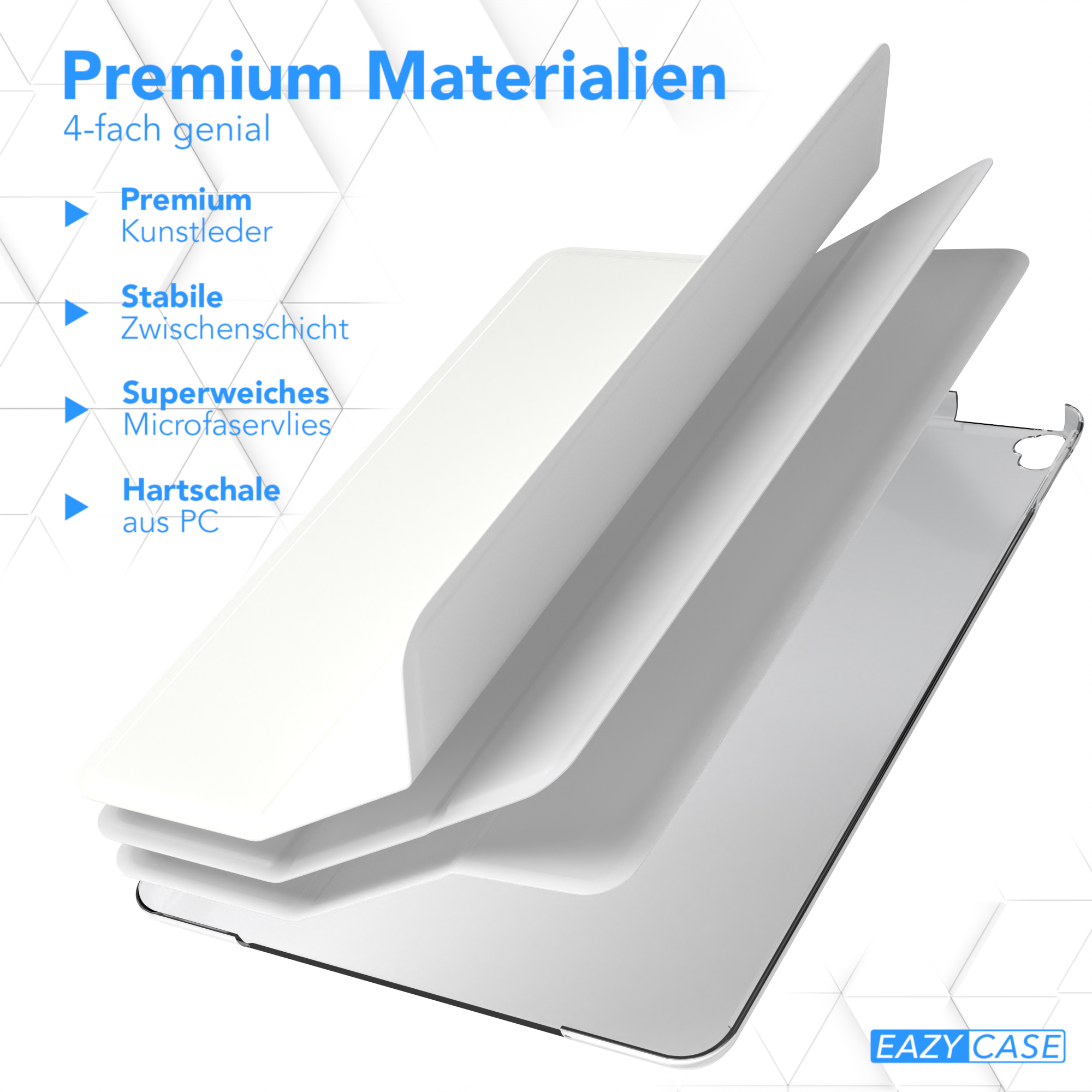 Weiße Tablet-Hülle mit vier Materialschichten: Premium-Leder, eine Mittelschicht und eine PC-Schale.