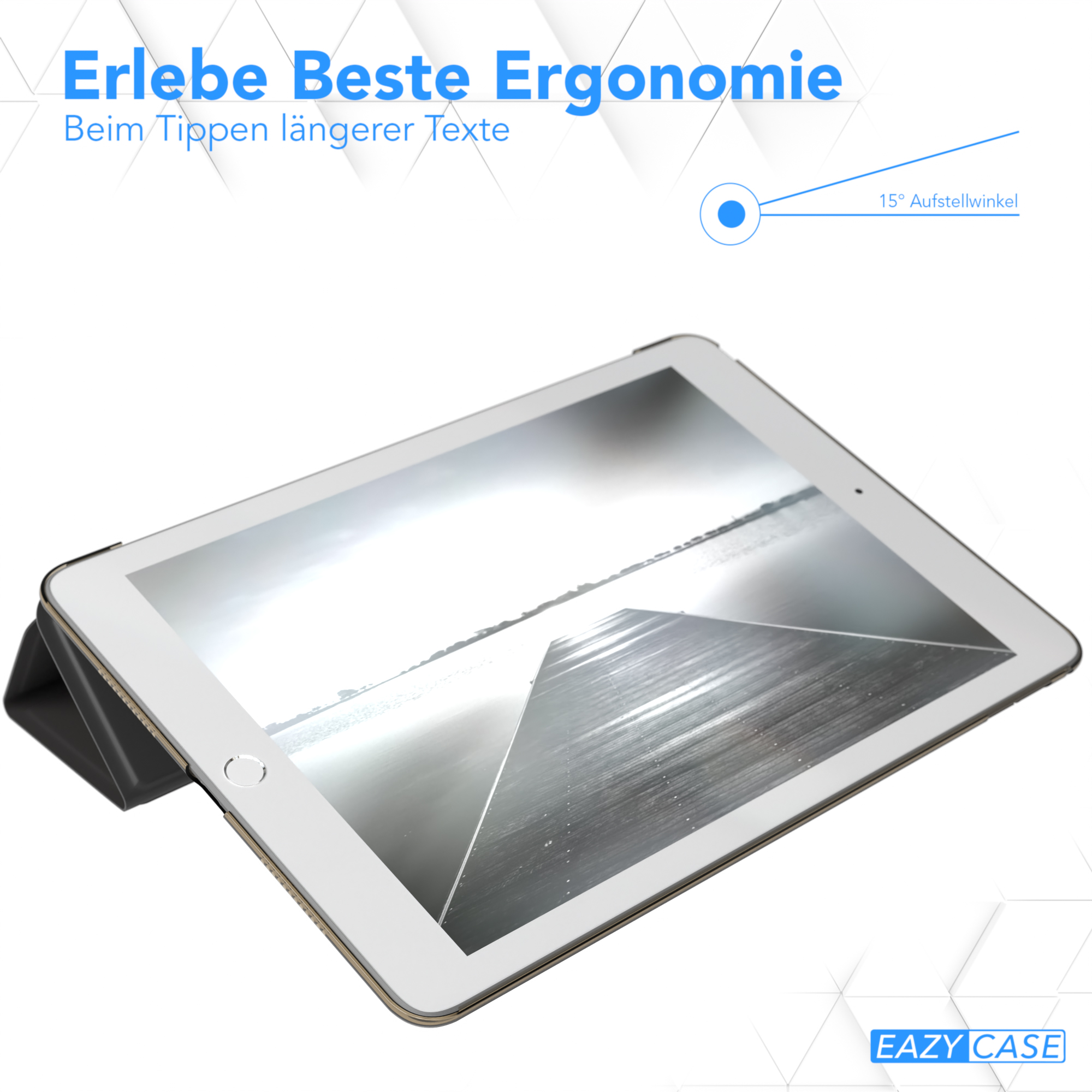 Ein iPad in einer Hülle, leicht angewinkelt. Der Text auf dem Display deutet auf bessere Ergonomie hin.