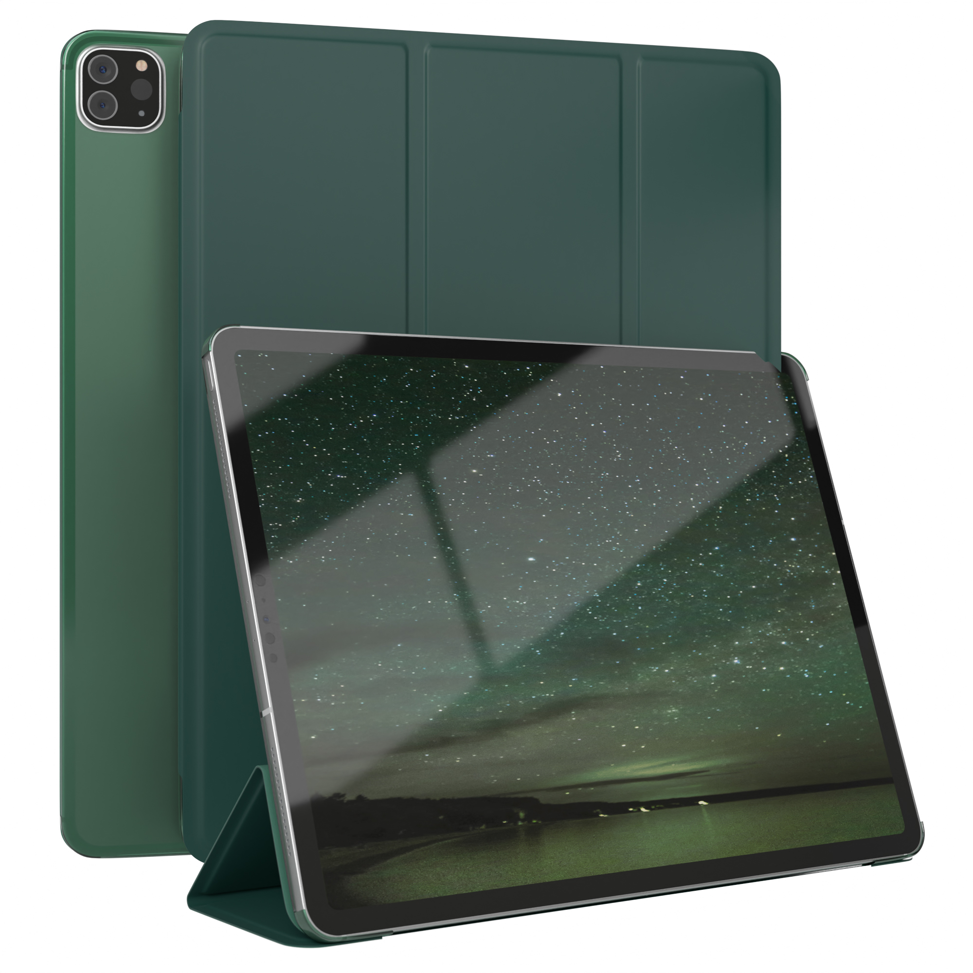 Ein grünes Tablet mit Hülle und eine separate Hülle. Das Tablet zeigt eine Landschaft.