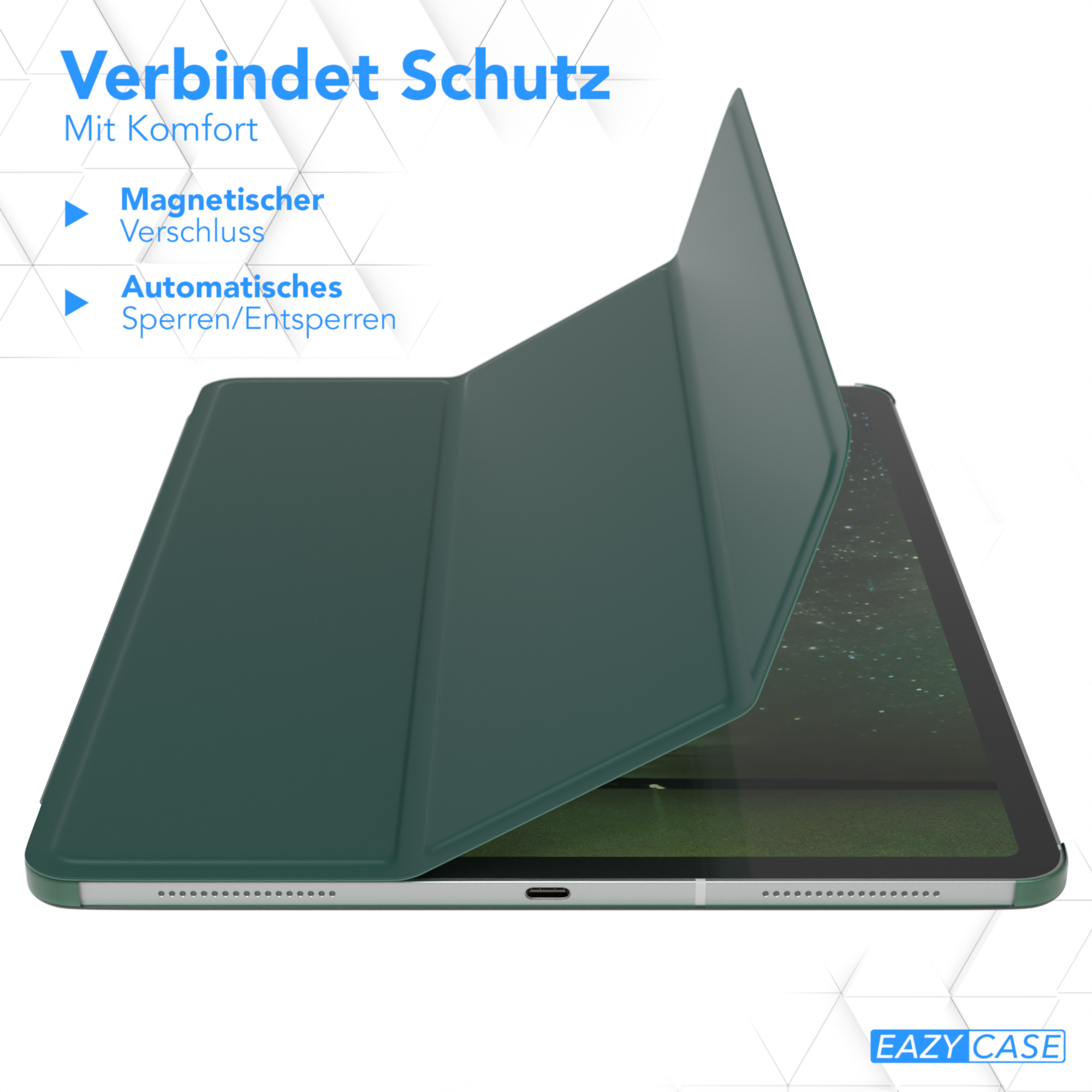 Tablet mit grüner Hülle, teilweise geöffnet. Text: "Verbindet Schutz" und "Magnetischer Verschluss".