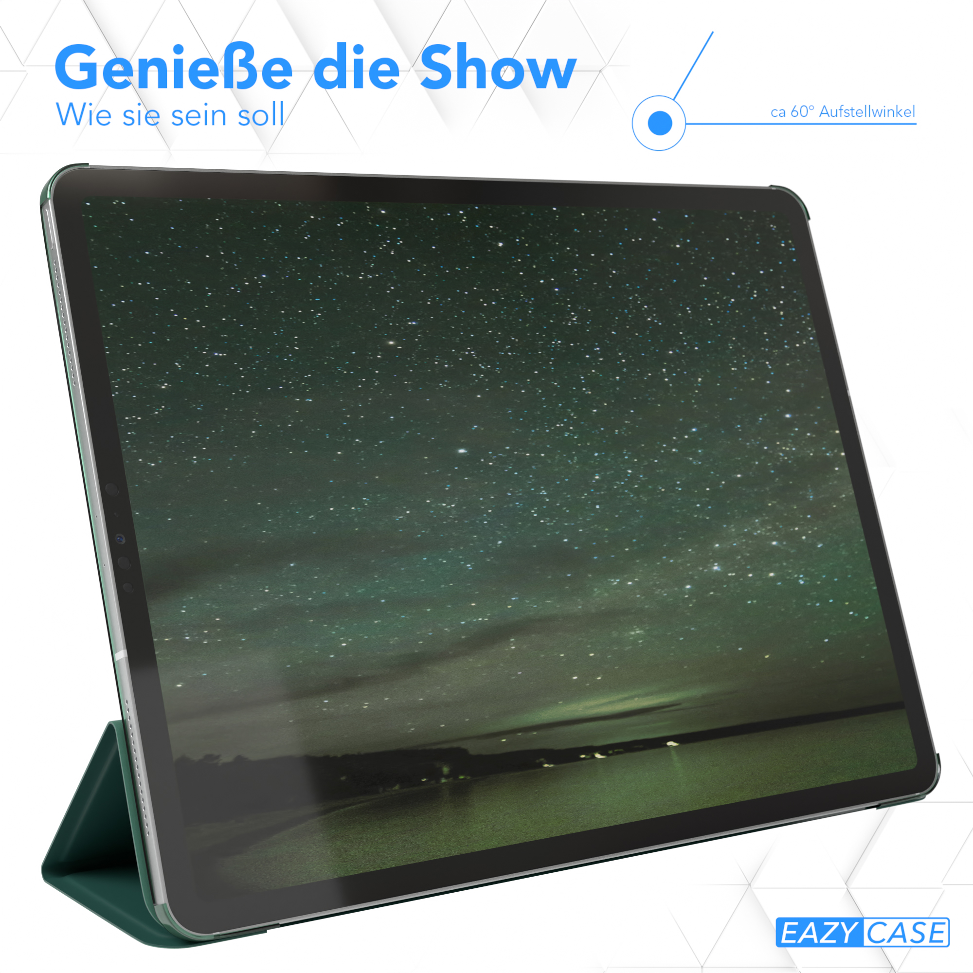 Tablet in grünem Gehäuse mit Sternennachtszene. Text: 'Genieße die Show'.
