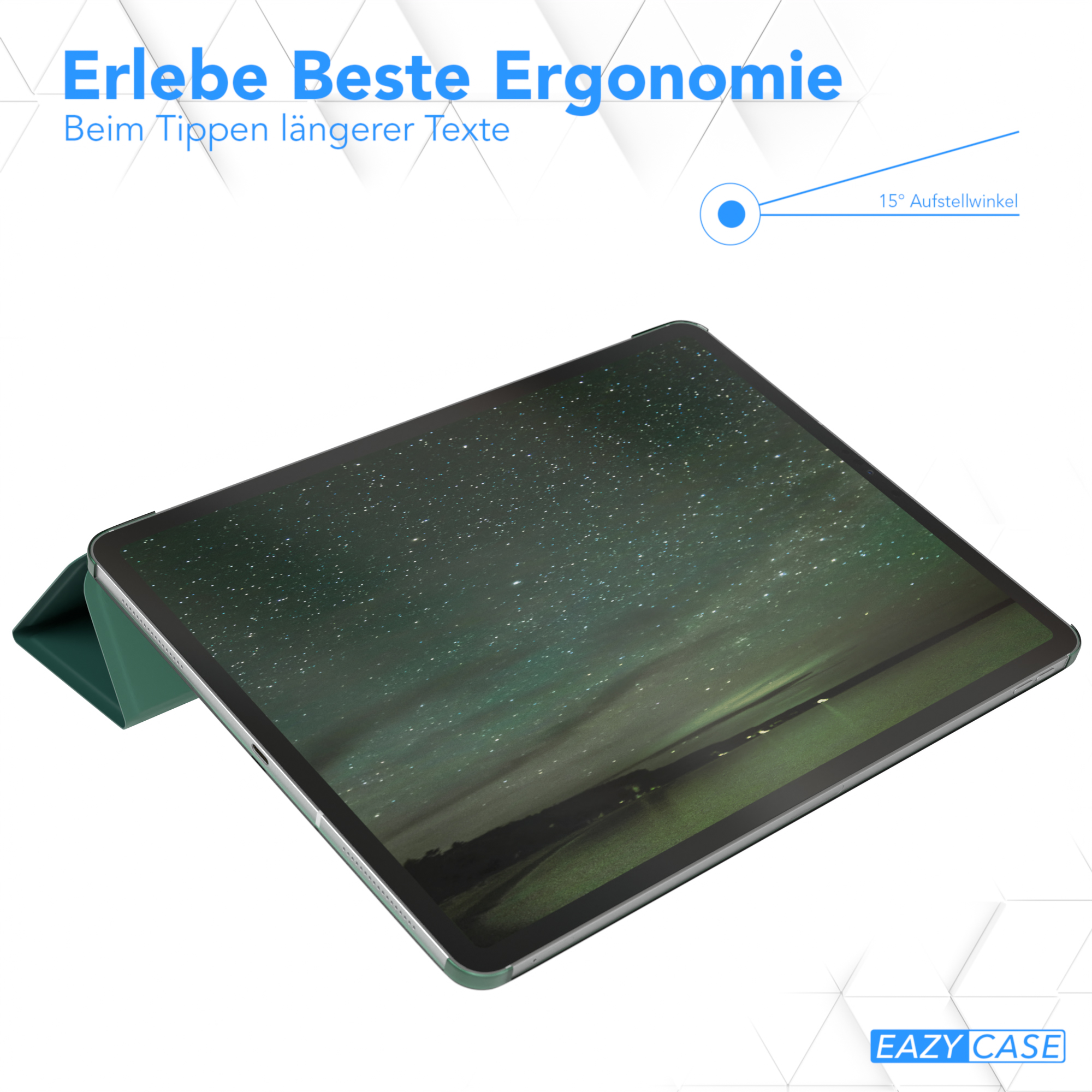 Tablet mit grüner Hülle, hochgeklappt, Text über Ergonomie.