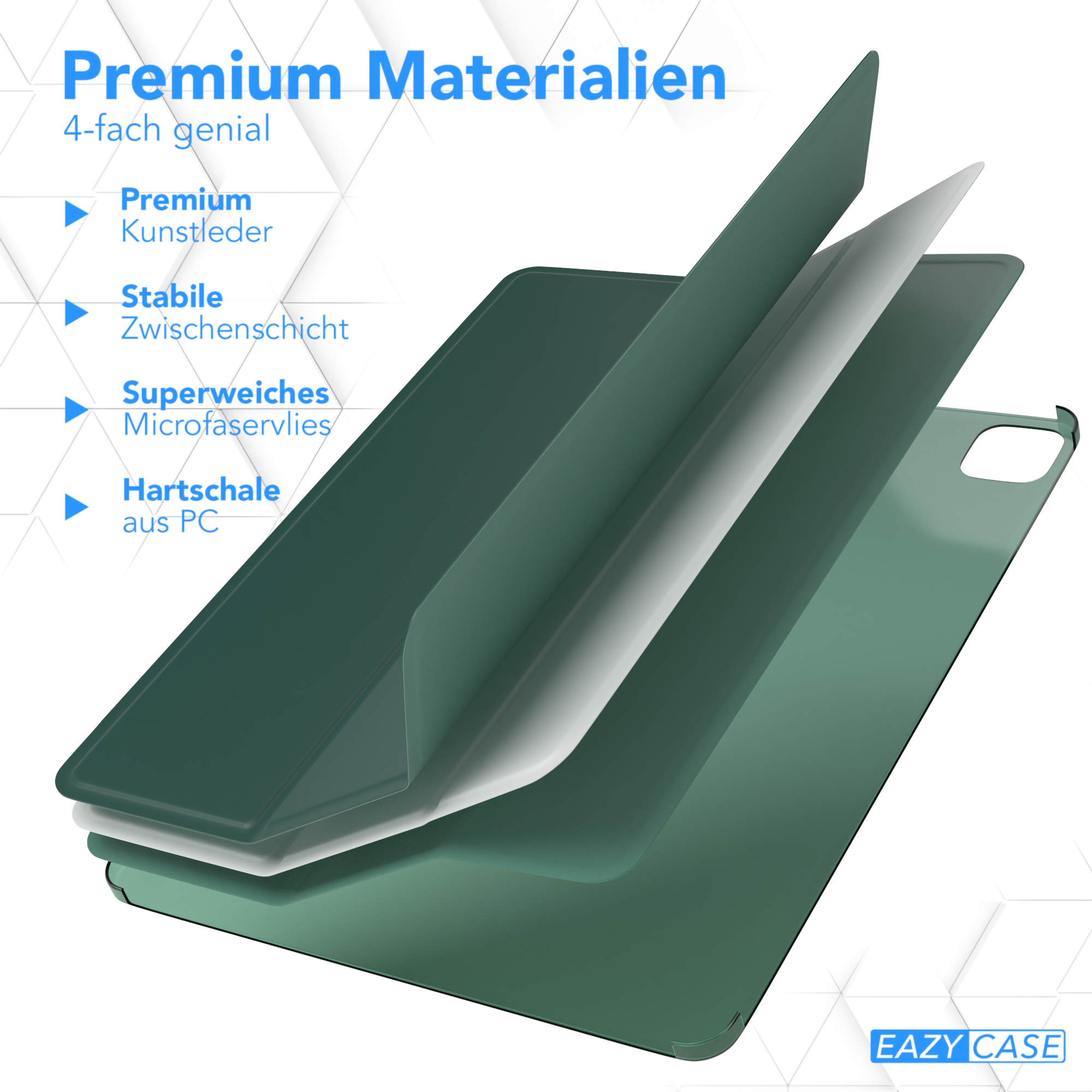 Grüne Tablet-Hülle mit Schichten: Premium-Leder, stabile Zwischenschicht, Mikrofaser, und PC-Hartschale. Premium-Materialien.