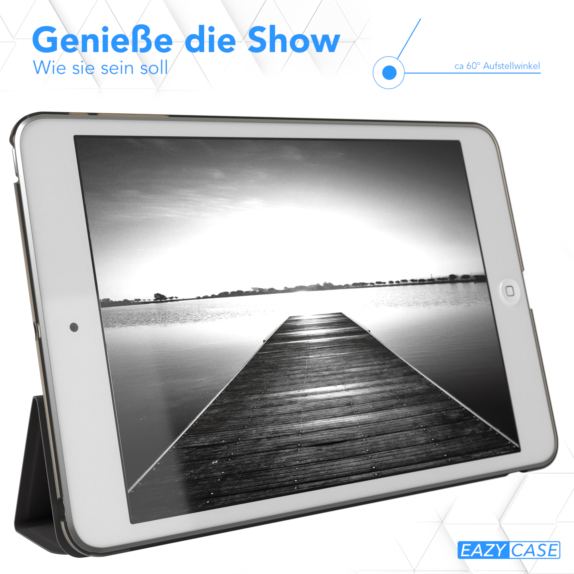 Tablet mit Graustufenbild eines Piers, der sich ins Wasser erstreckt. Text: Genießen Sie die Show. EAZY CASE Logo.