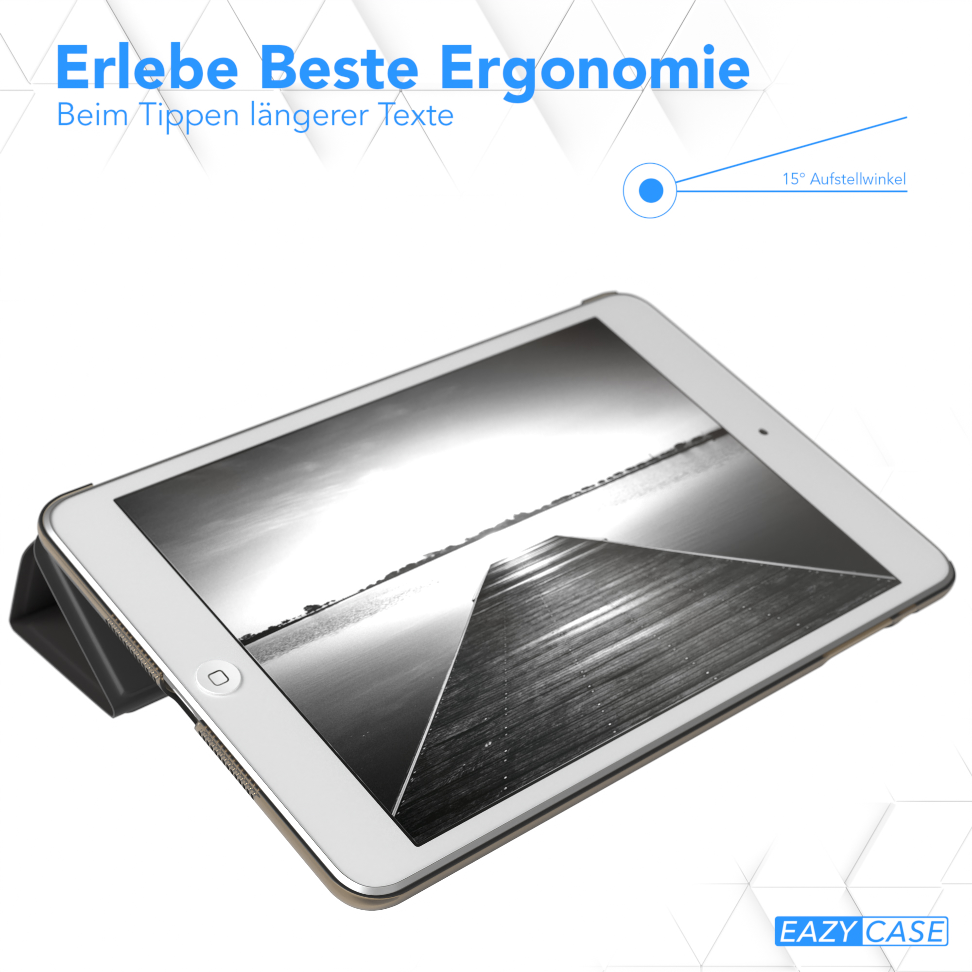 Ein Tablet, das eine Abbildung anzeigt, mit einem Logo. Weißer Hintergrund.