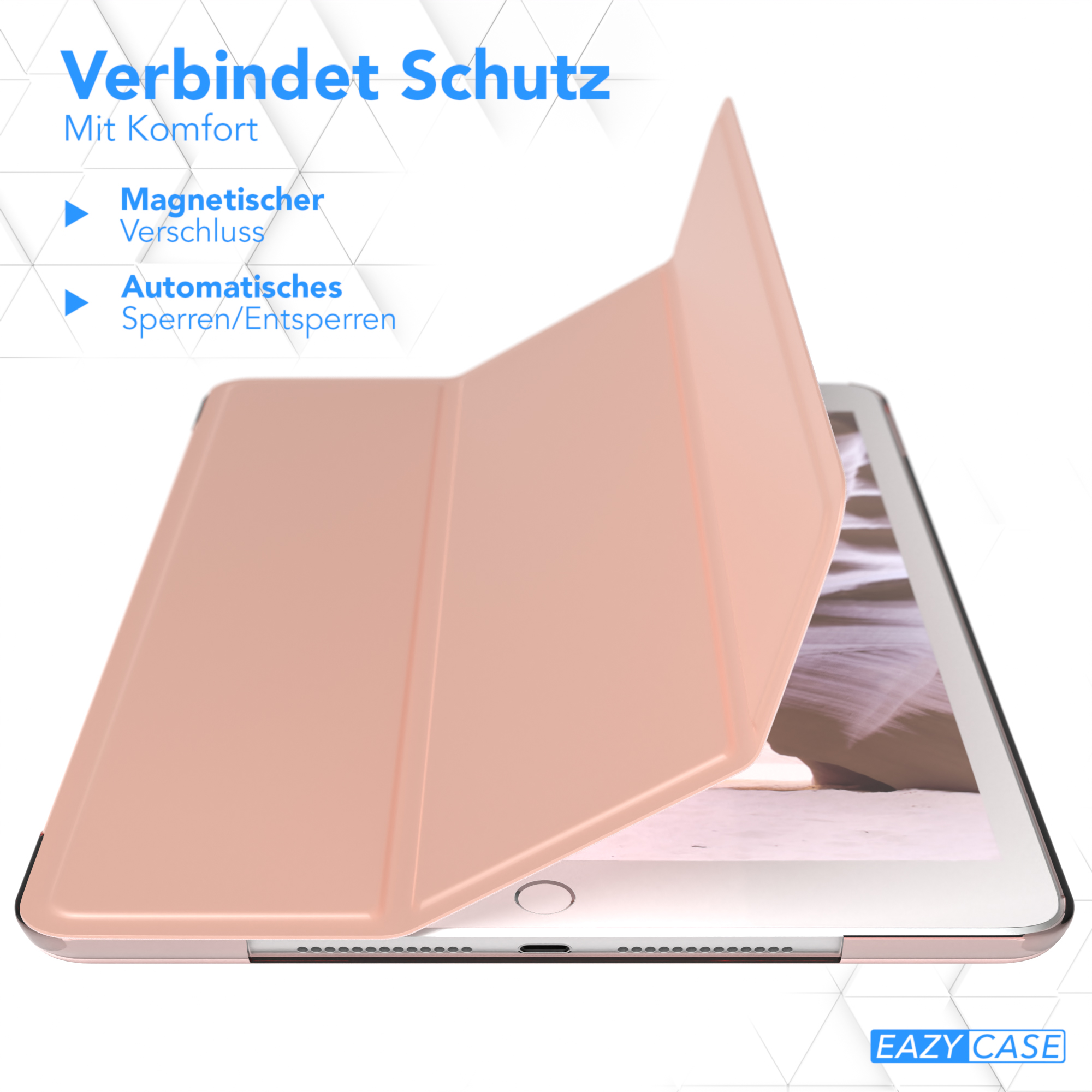 Rosafarbene Tablet-Hülle, geöffnet. Text: Magnetverschluss, Automatisches Sperren/Entsperren. EAZY CASE Logo. Tablet-Bildschirm sichtbar.