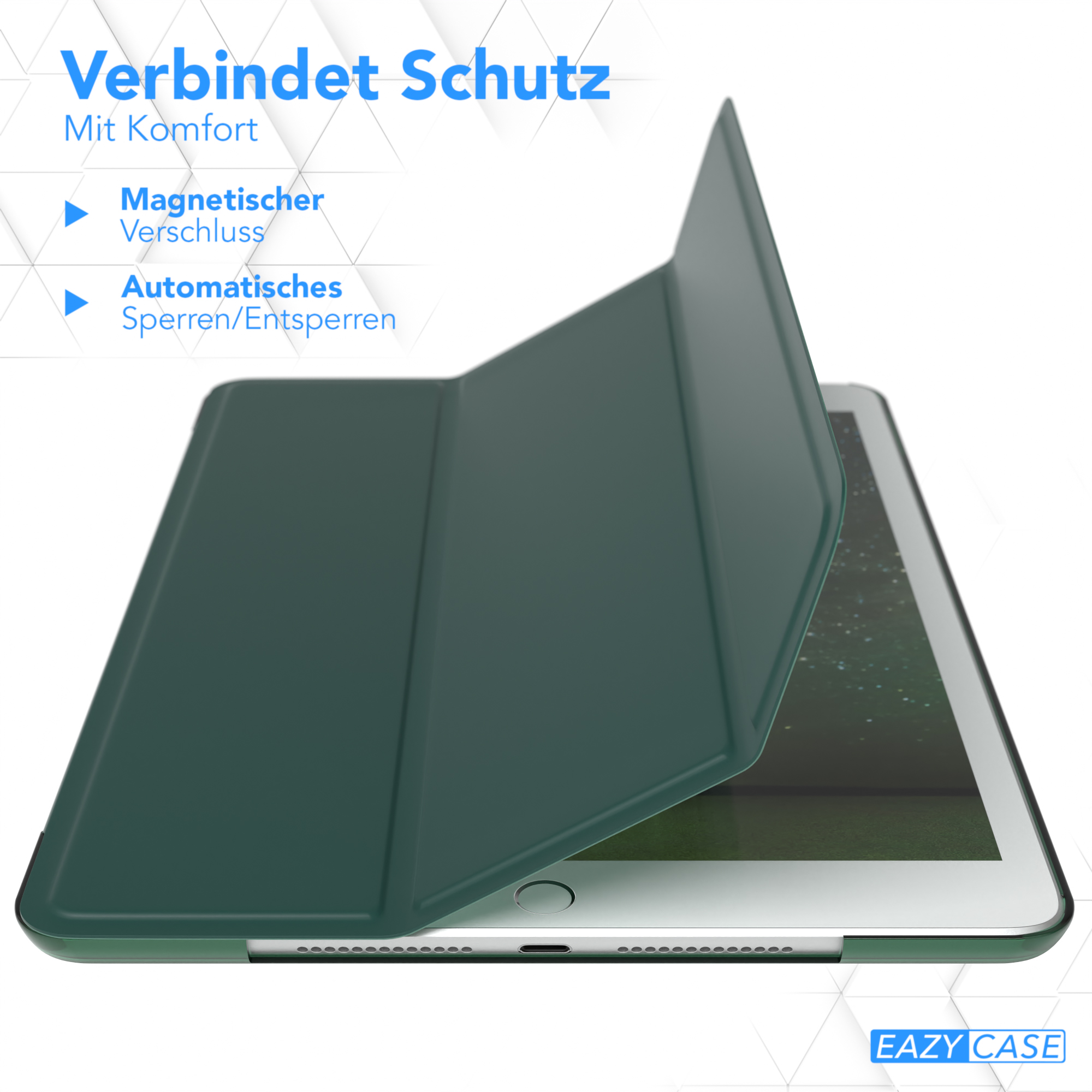 Grüne Tablethülle, geöffnet, zeigt Tablet innen. Merkmale: Magnetverschluss und automatisches Sperren/Entsperren.