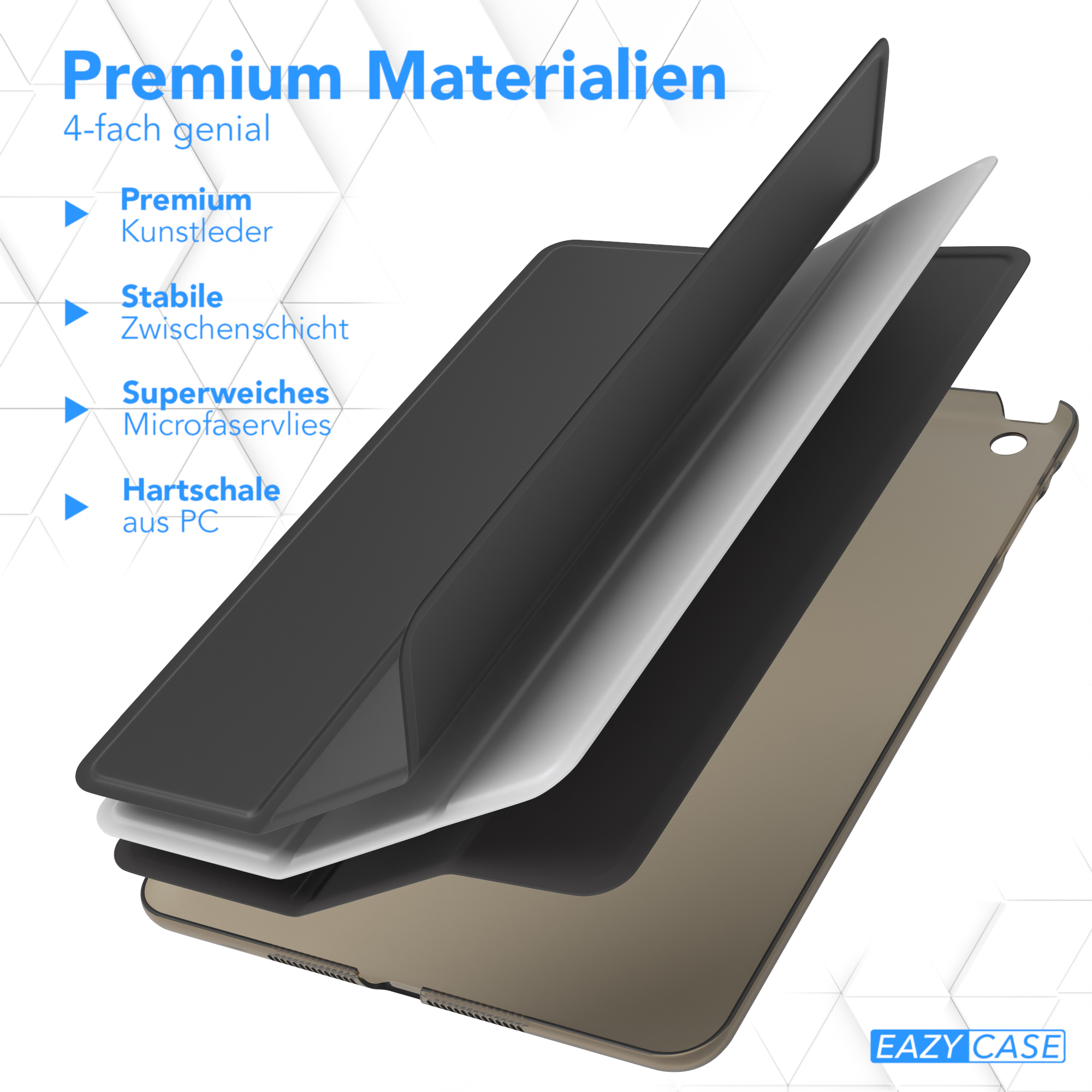 Eine Tablet-Hülle mit Schichten, die Premium-Materialien wie Leder und PC-Schale zeigen.