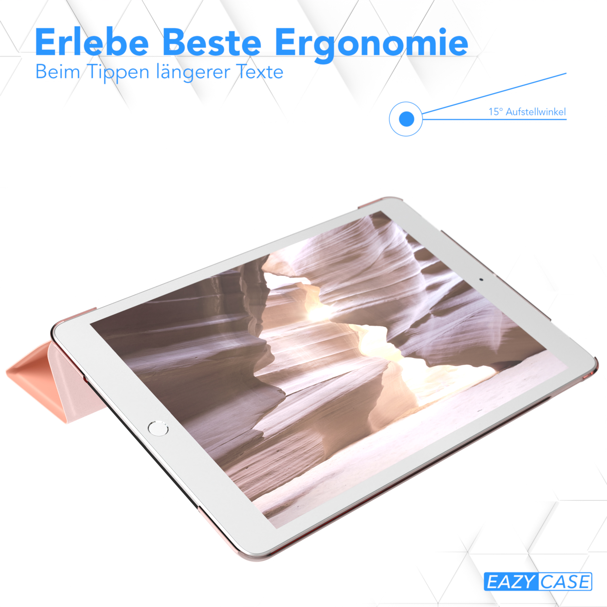 Tablet in einem Gehäuse, abgewinkelt, um den Bildschirm mit einer Schluchtlandschaft zu zeigen.