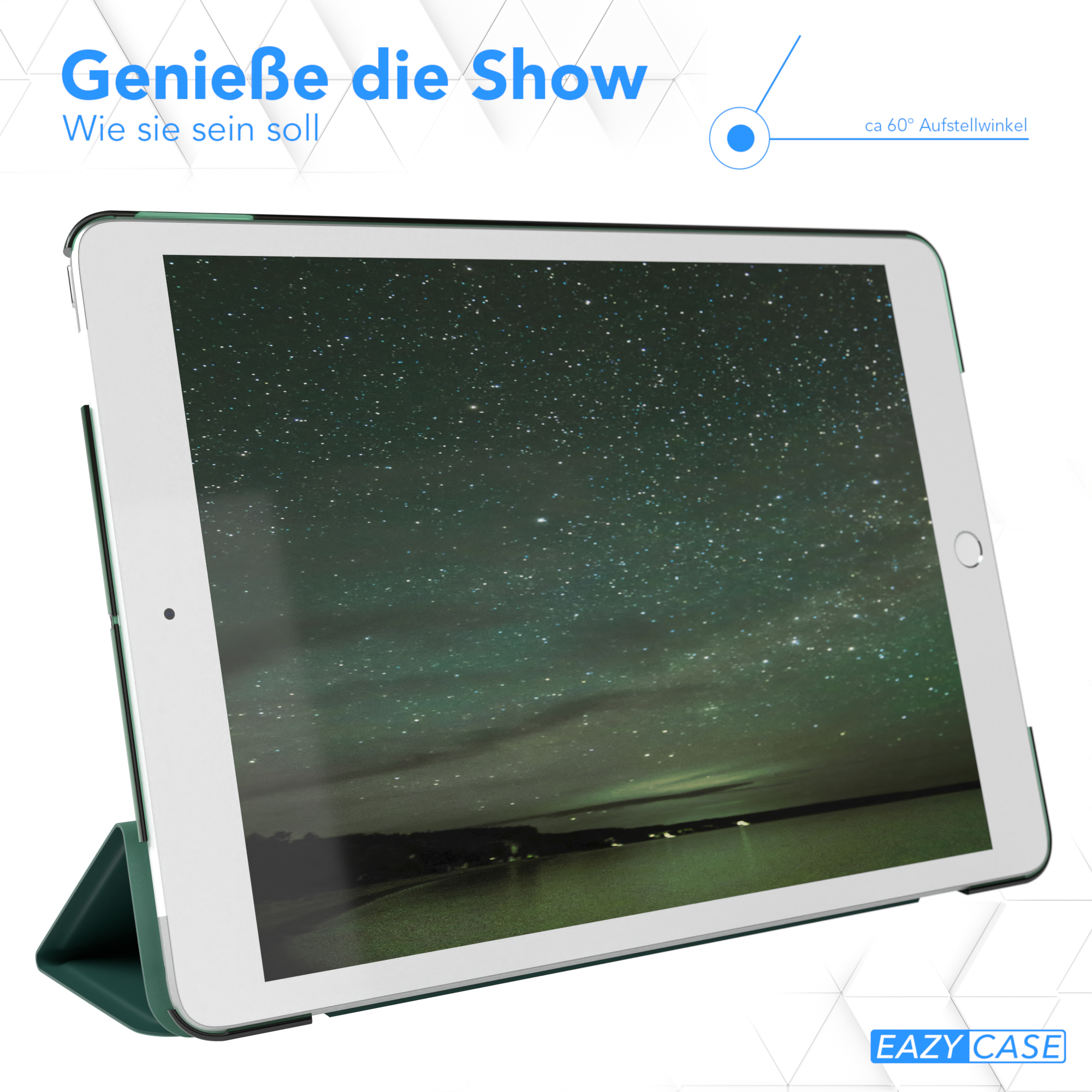 Ein iPad mit sternenklarem Hintergrund in einem grünen Gehäuse, geneigt, mit Text oben und Logo unten.