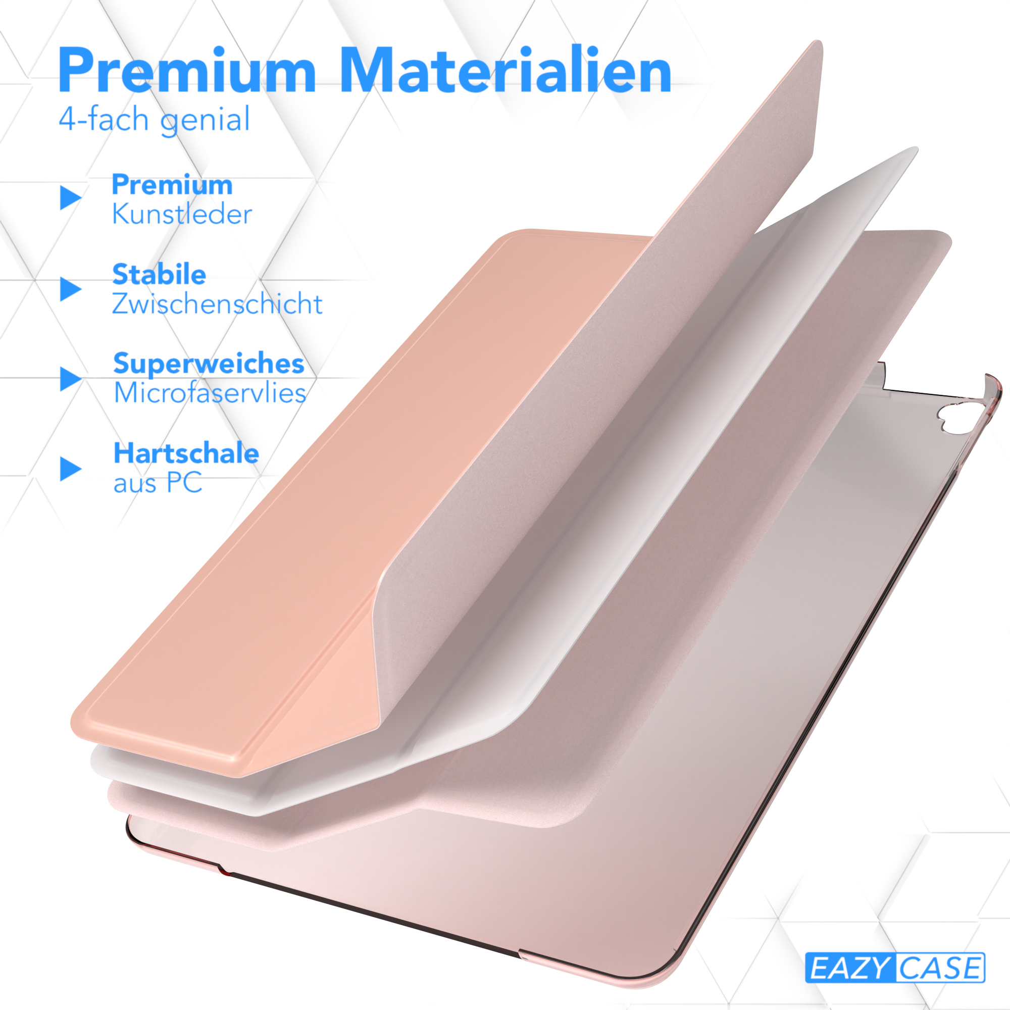Querschnitt einer Tablethülle mit Premium-Materialien: PC, Mikrofaser und Leder.