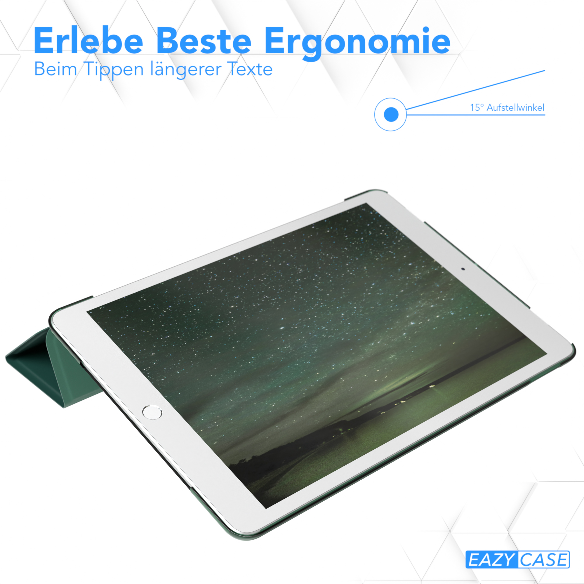 Ein weißes Tablet mit grüner Hülle, das eine Landschaft auf dem Bildschirm zeigt, abgewinkelt um 15 Grad.