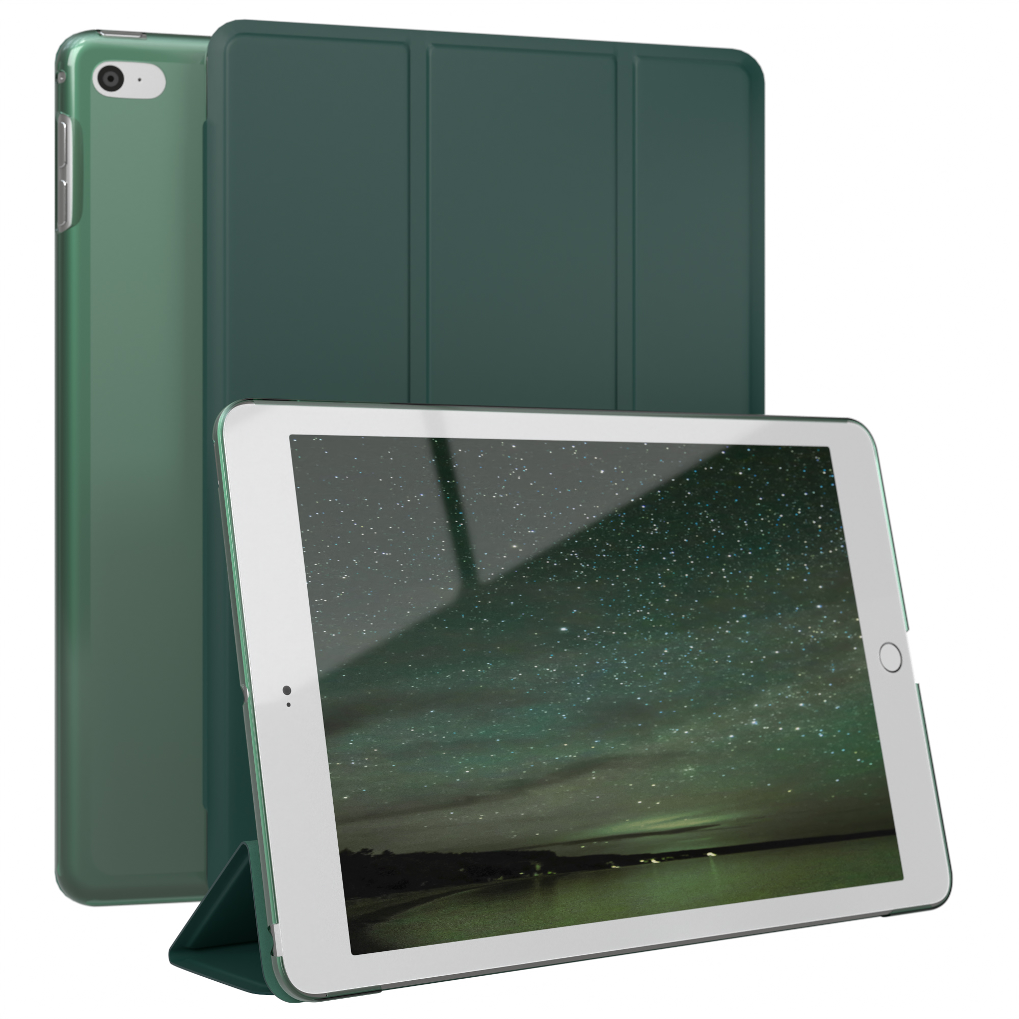 Grünes Tablet mit grüner Hülle, aufrecht stehend.