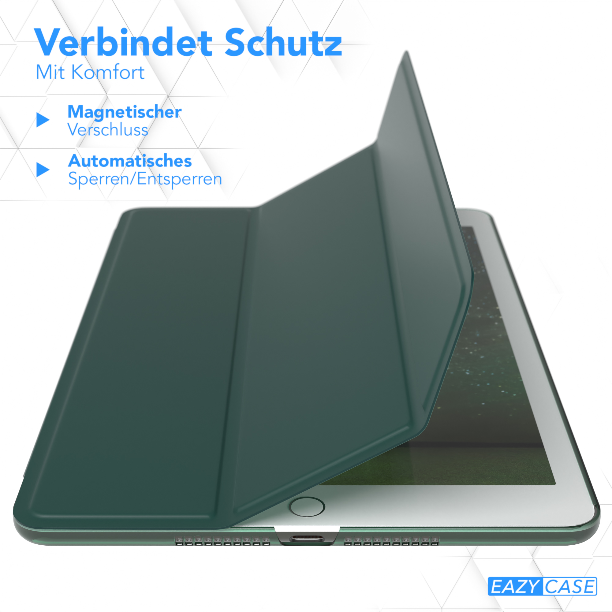 Grüne Tablet-Hülle, geöffnet auf einem Tablet.