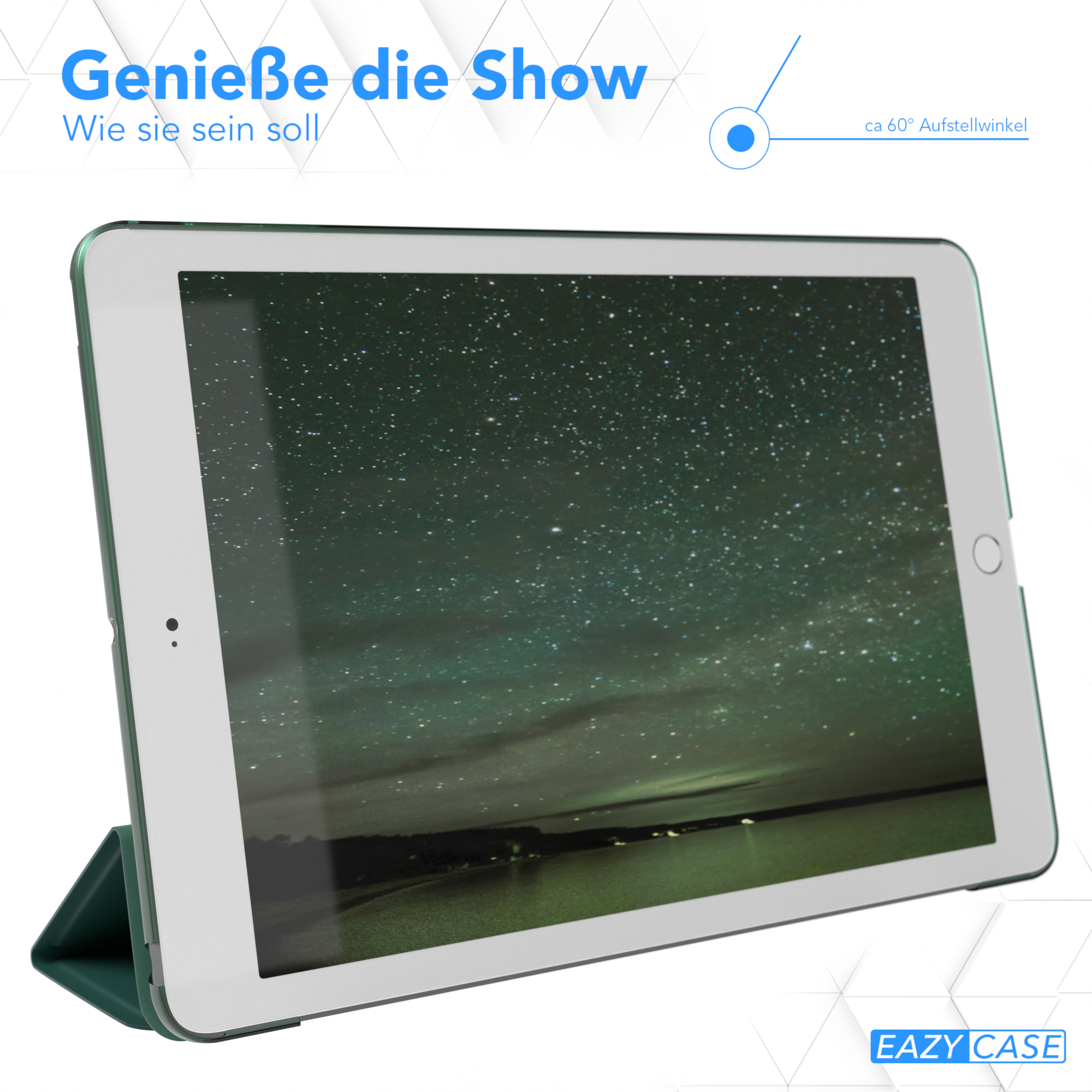 Grünes Tablet mit Ständer, zeigt eine Sternennachtszene. Der Ständer ist gefaltet.
