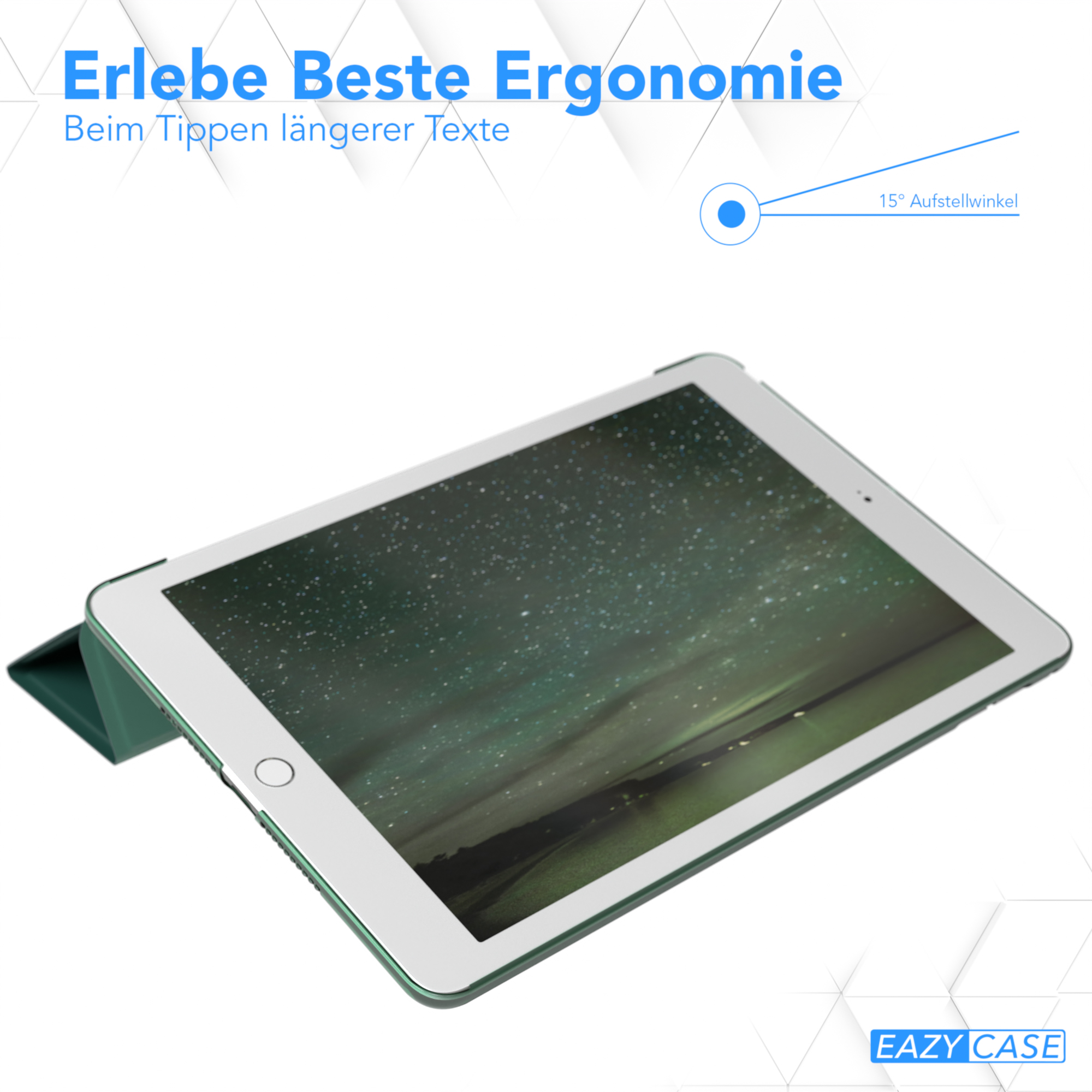Tablet in grüner Hülle, leicht angewinkelt, Eazy Case Logo sichtbar.
