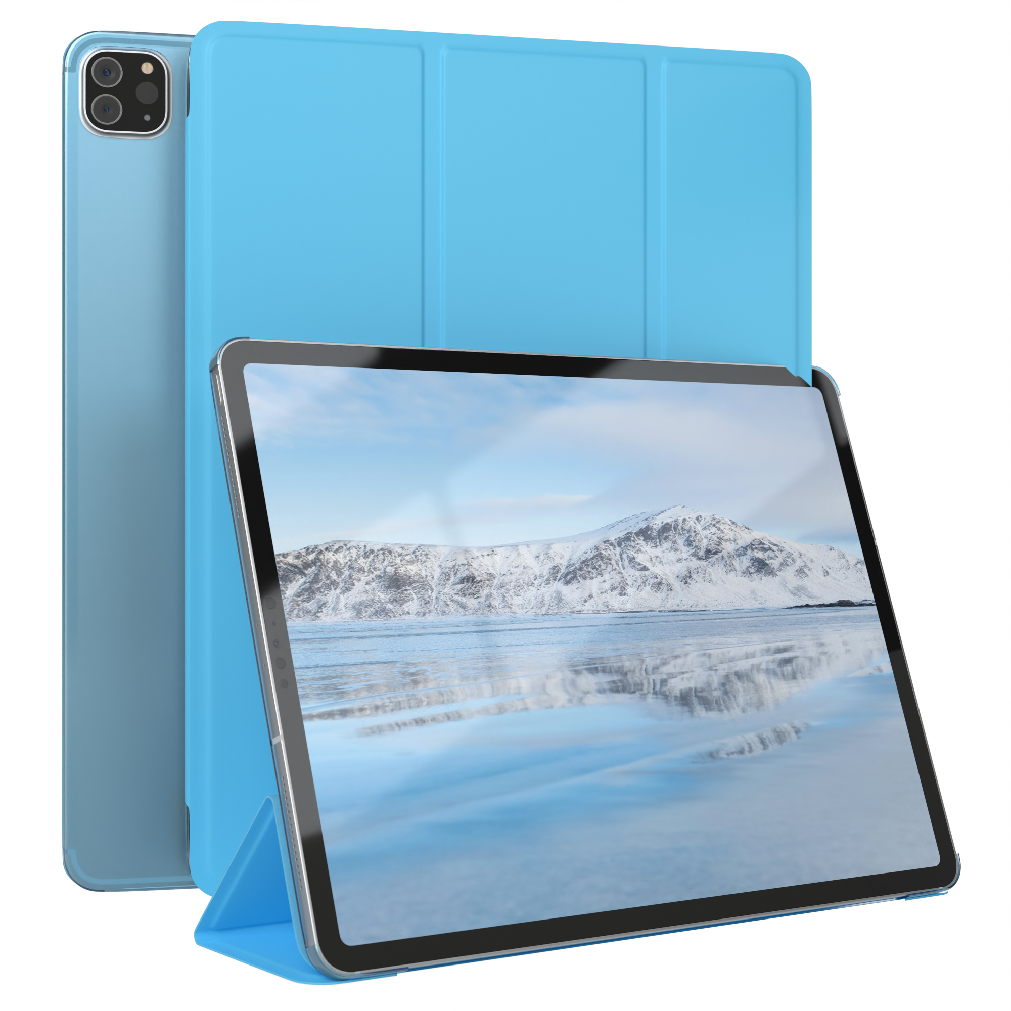 Eine blaue Tablet-Hülle mit einem Tablet, das eine Landschaft zeigt.