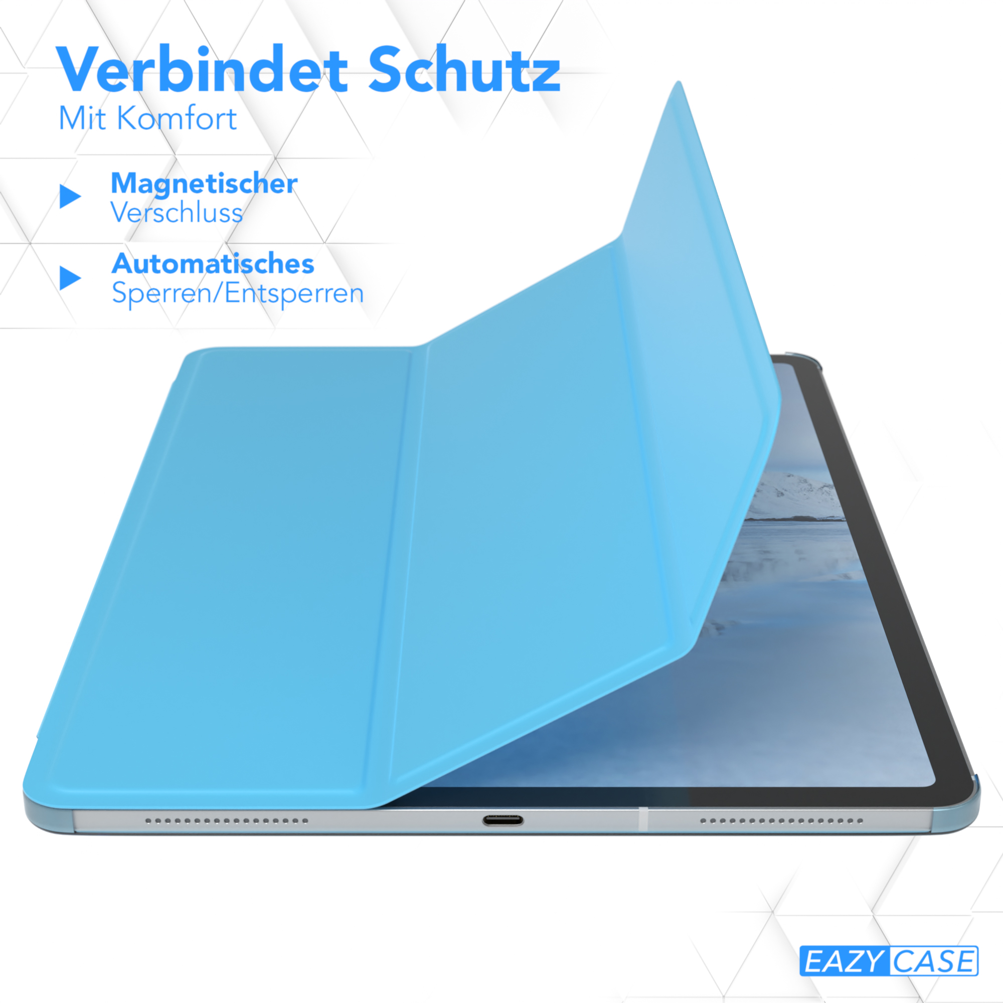 Blaue Tablet-Hülle über einem Tablet geöffnet. Die Hülle ist hellblau, mit einem schwarzen Tablet.