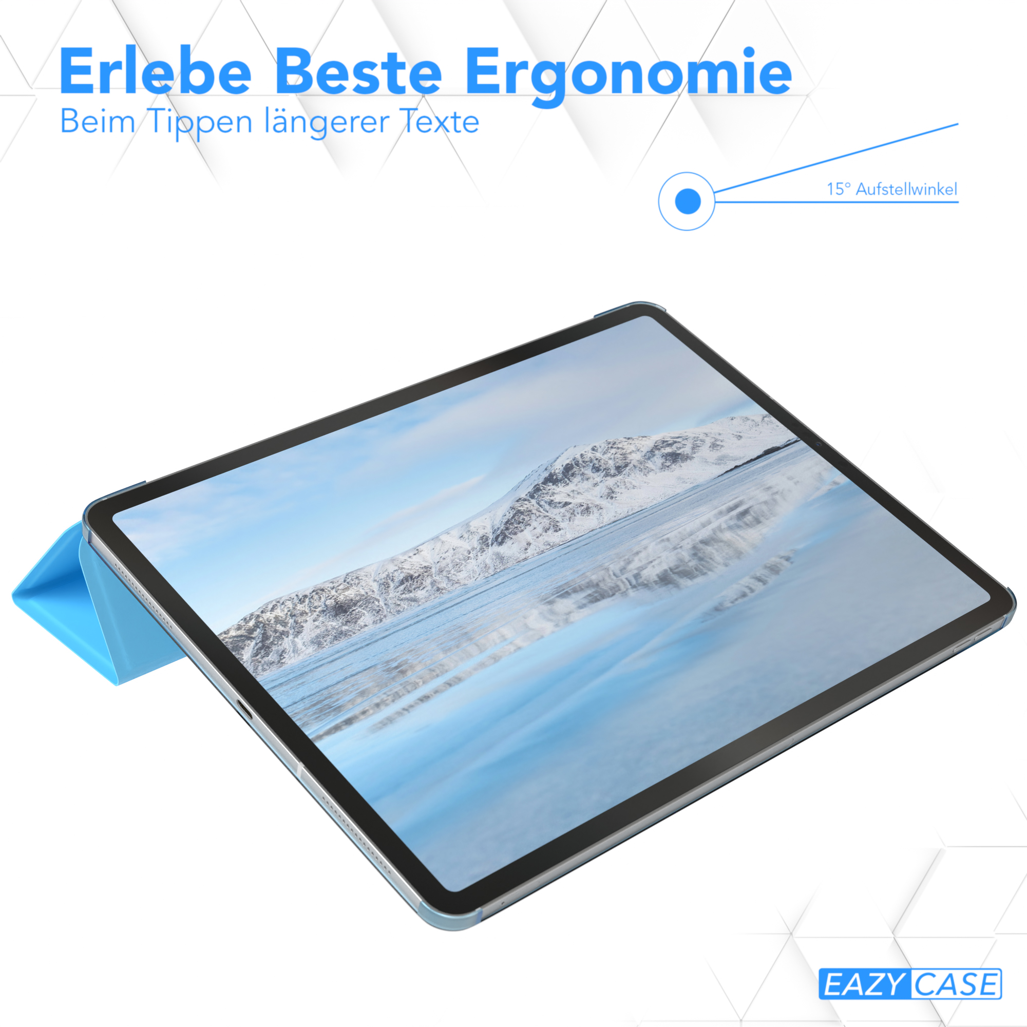 Tablet mit blauem Gehäuse. Der Bildschirm zeigt eine Bergansicht. Text: Erlebe Beste Ergonomie.