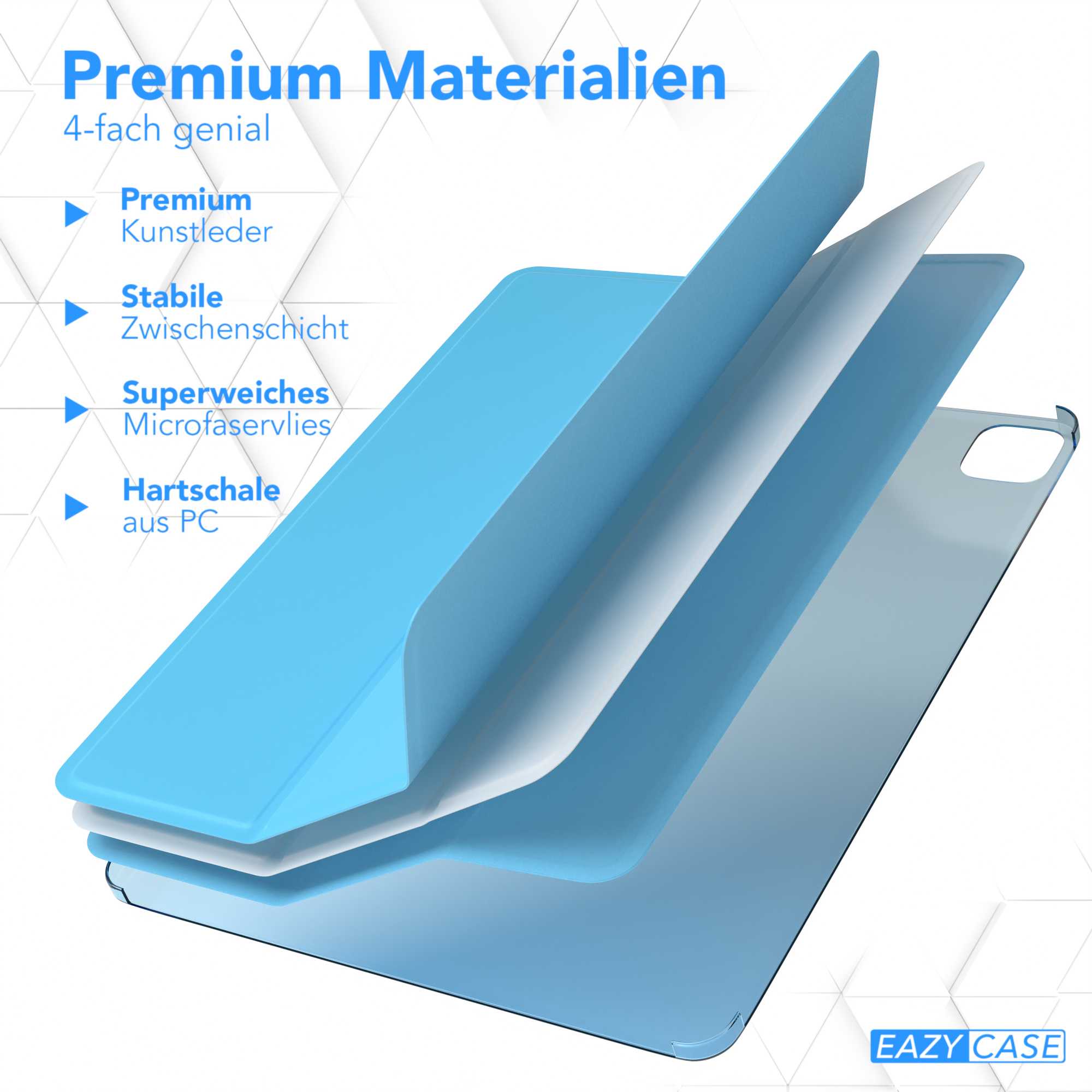 Tablet-Hülle mit Schichten: Premium-Leder, Innenschicht, Mikrofaser und Hartschale; EAZY CASE Logo.